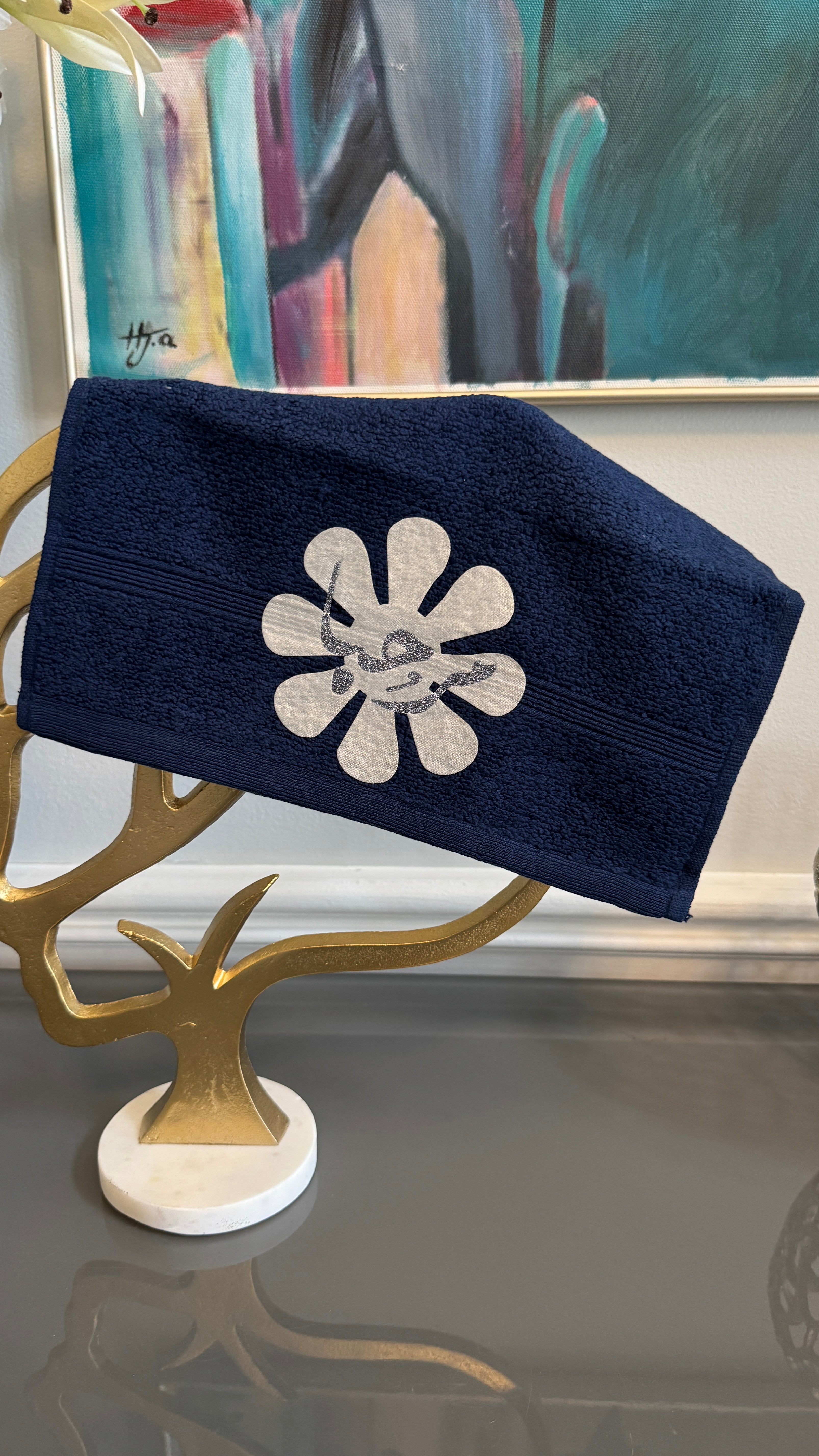 Blue hand Towel designed with Arabic Calligraphy مرحبا