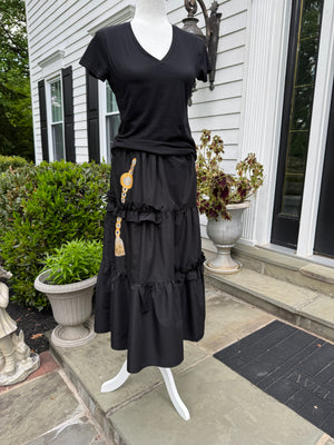 Black long Skirt , frill trim, hand painted.