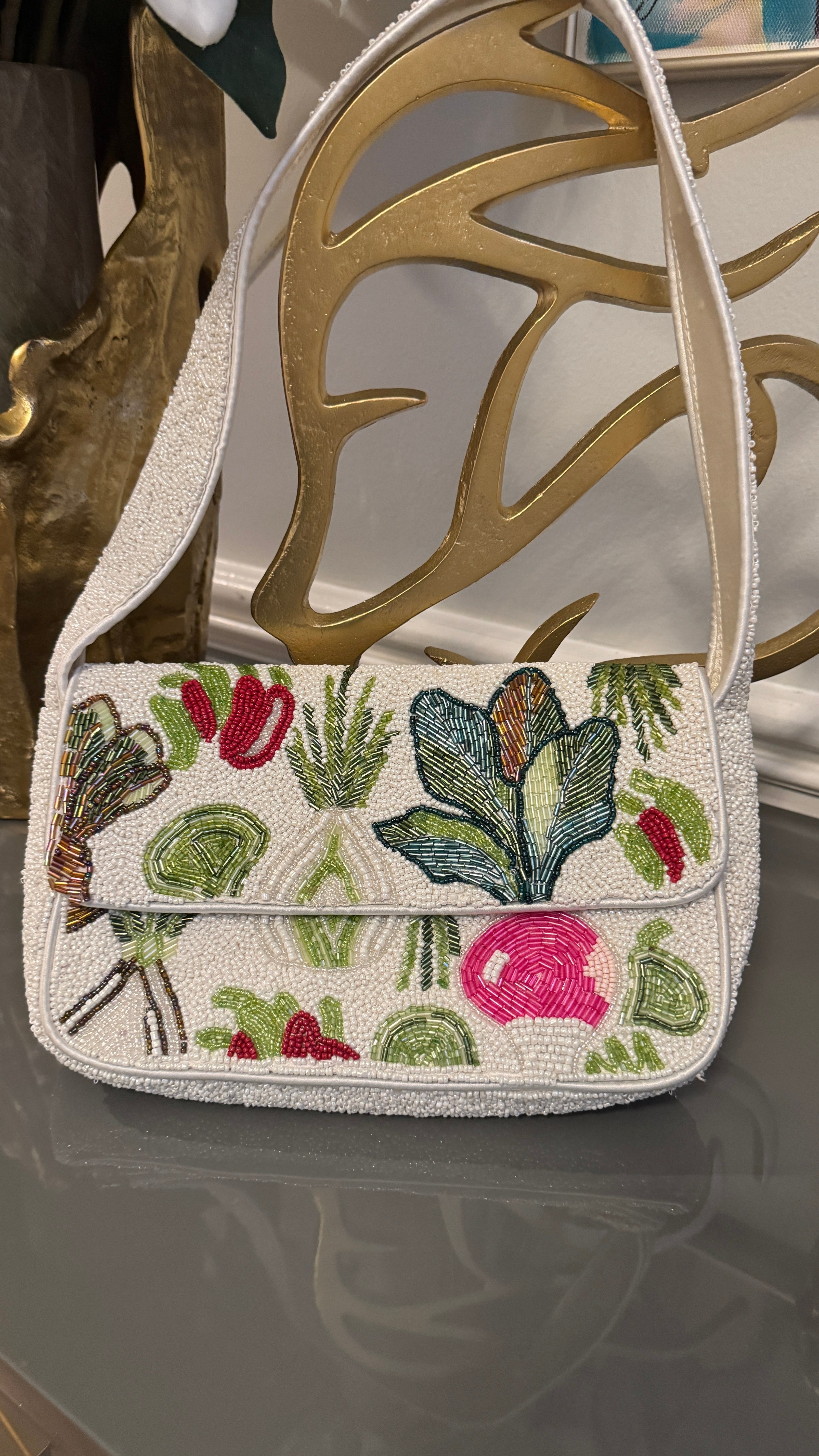 White, Multi color, Beaded clutch