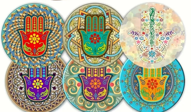 Set of Six wooden coasters hand painted multicolor Fatimah hand theme