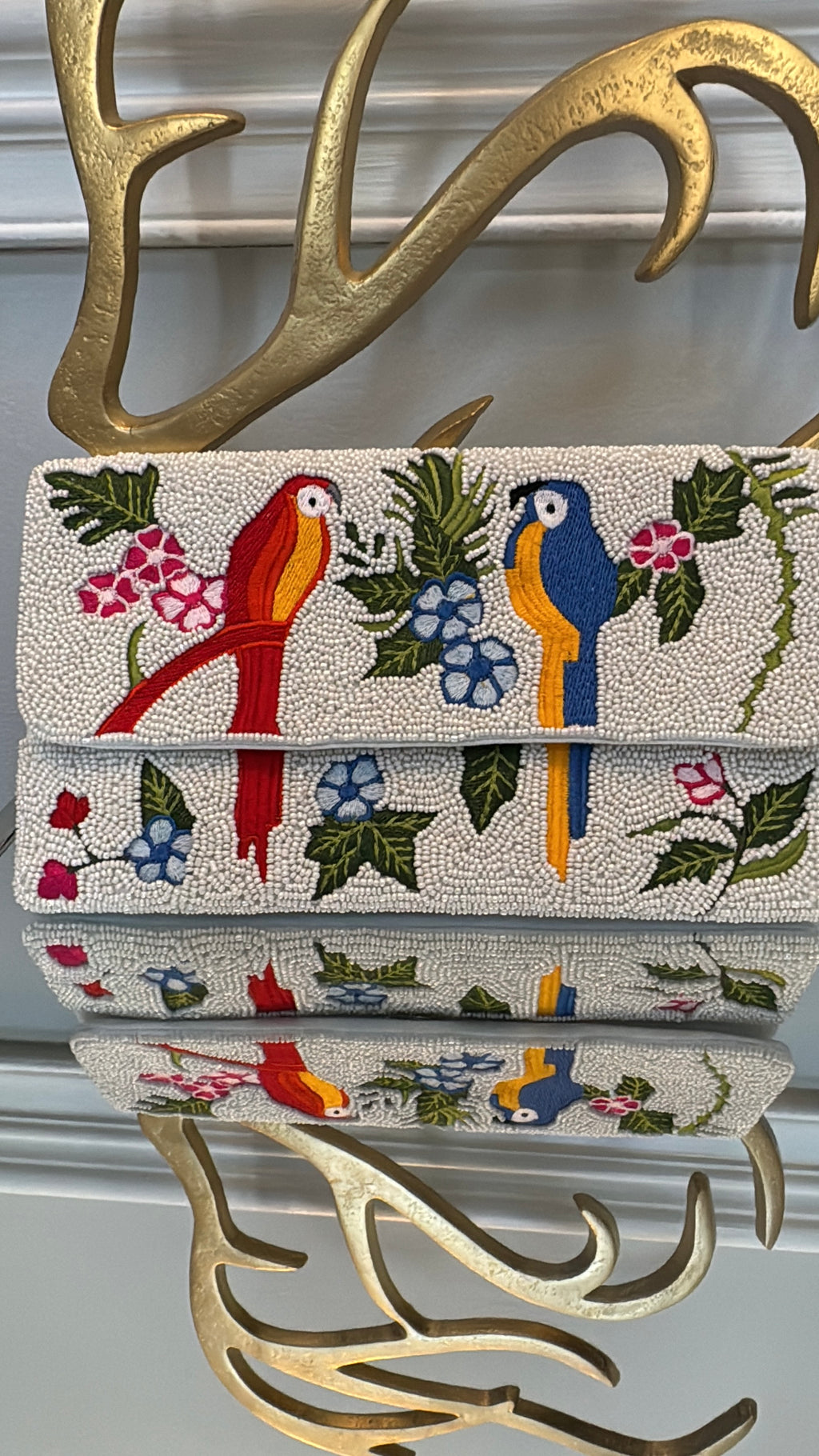 Multicolor embroidery birds beaded Clutch.