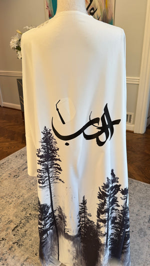 White & Black Open caftan Designed with Arabic Calligraphy حب and Fez. Special design on the shoulders.