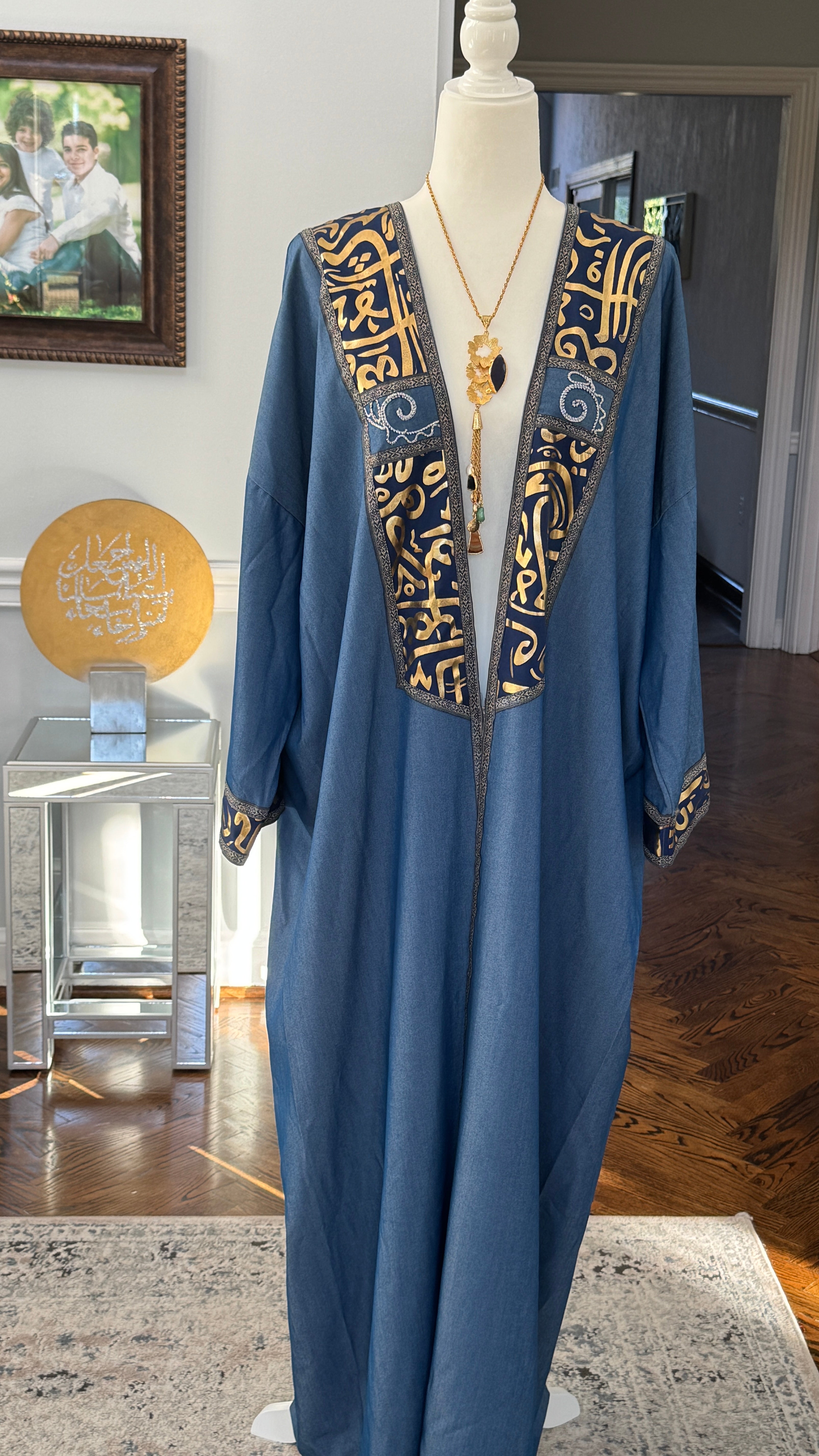 Blue Denim Open caftan embroidery Arabic Caligraphy design .