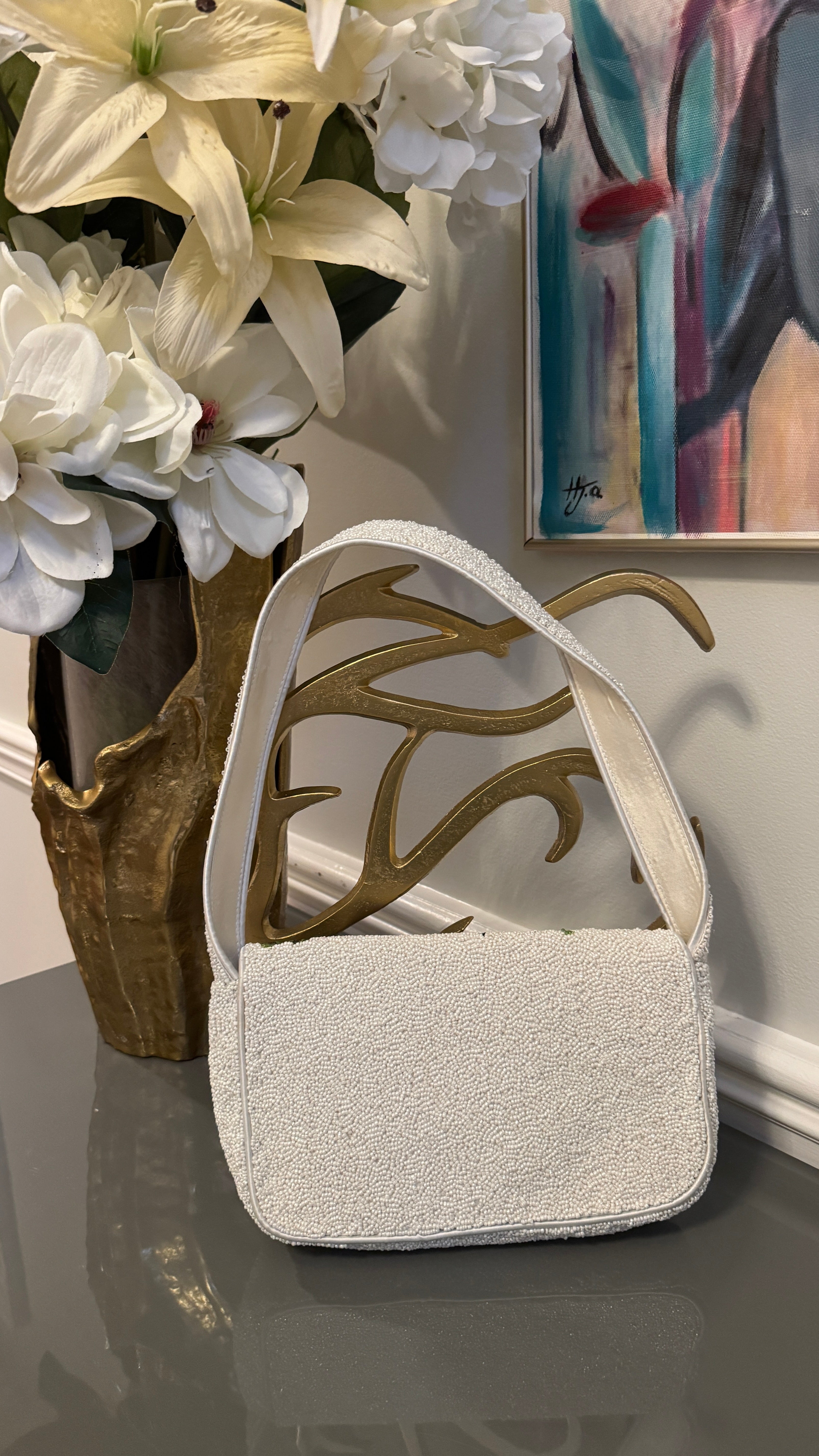 White, Multi color, Beaded clutch