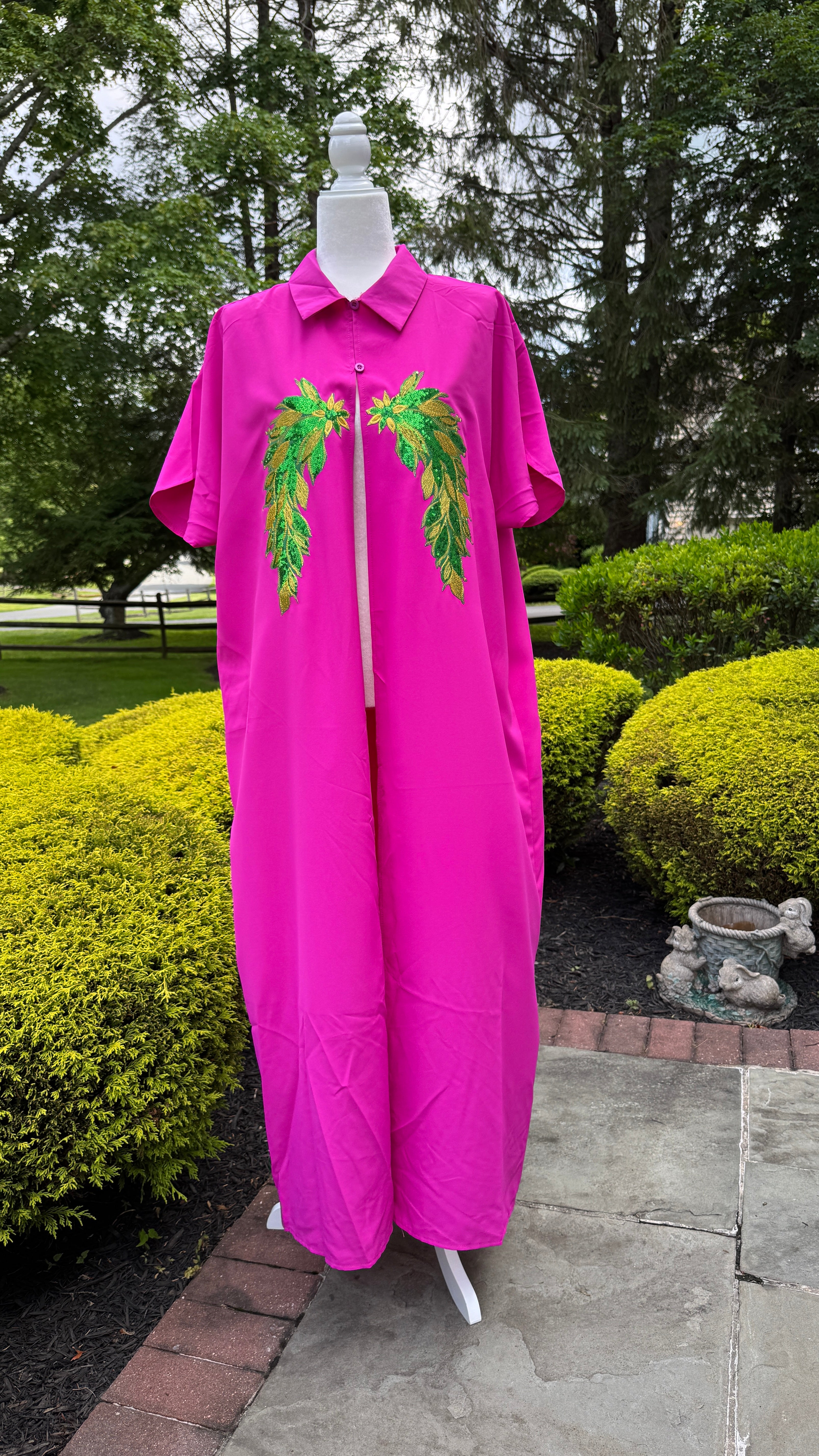 Casual Button Design Batwing Sleeve Super Long Shirt , designed with sequins wings motif.
