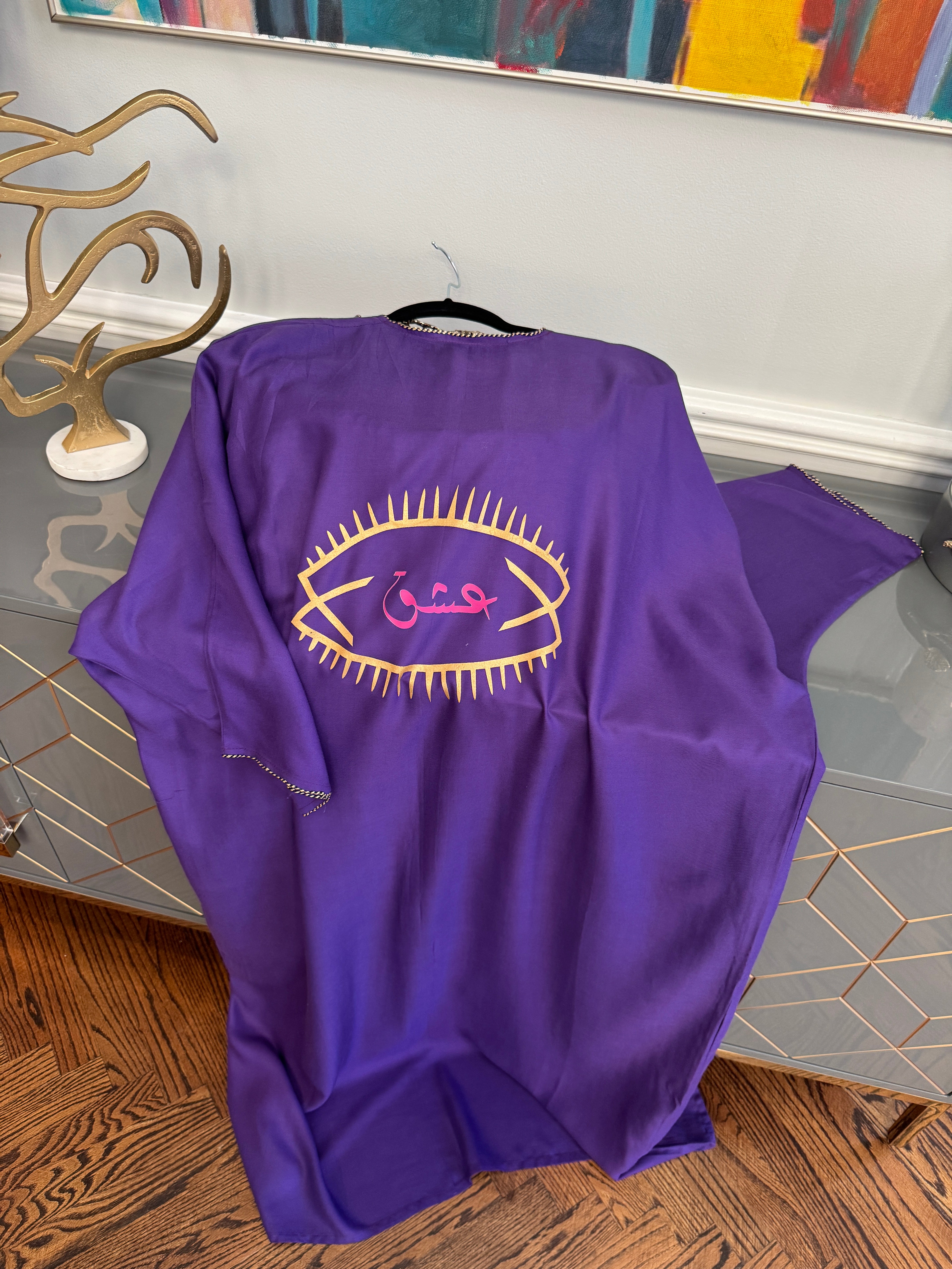 Deep Purple Open caftan embroidery design on the front. Designed with Arabic Calligraphy سألتك حبيبي لوين رايحين. Unique design on the back عشق