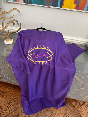 Deep Purple Open caftan embroidery design on the front. Designed with Arabic Calligraphy سألتك حبيبي لوين رايحين. Unique design on the back عشق