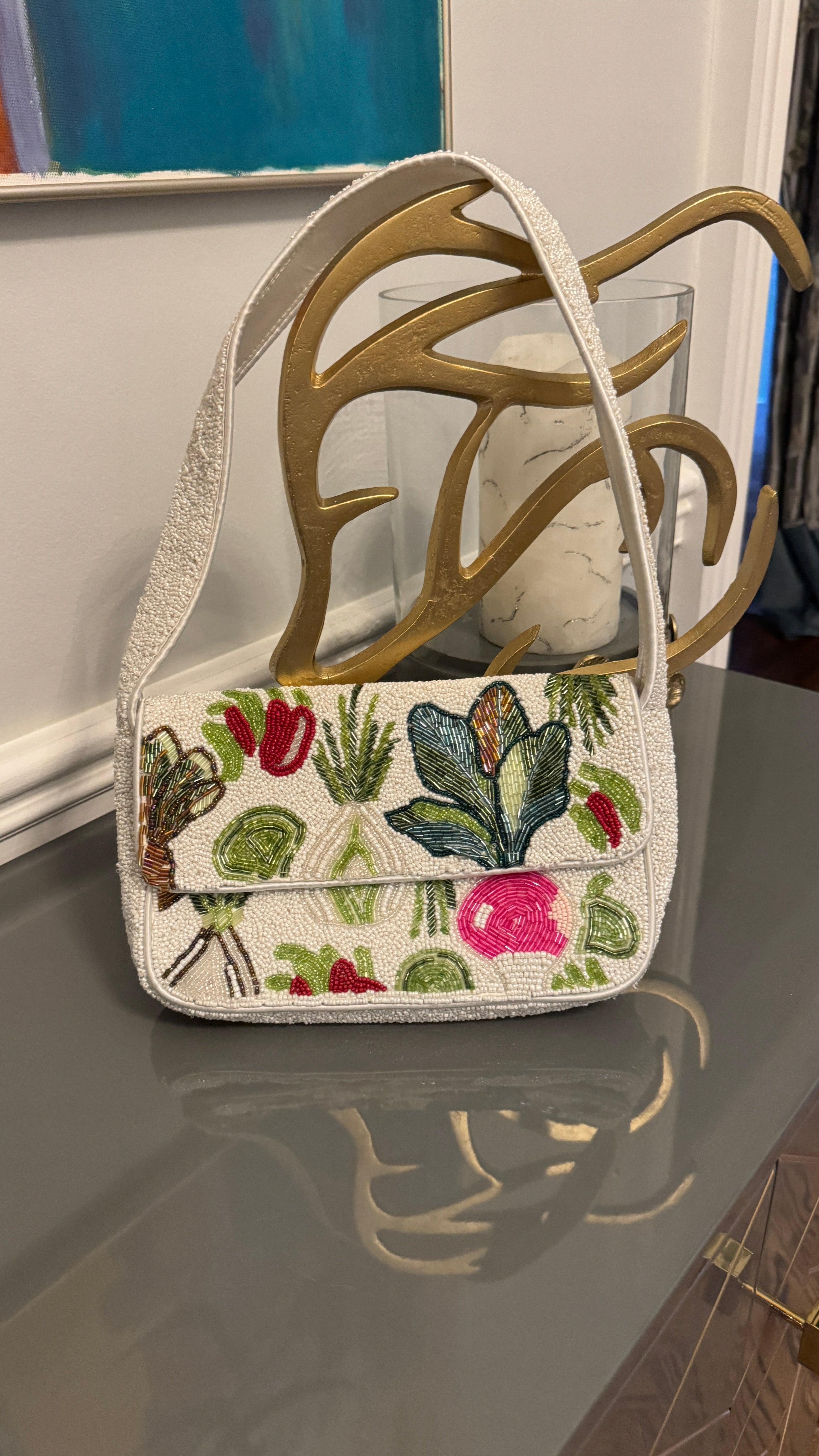 White, Multi color, Beaded clutch