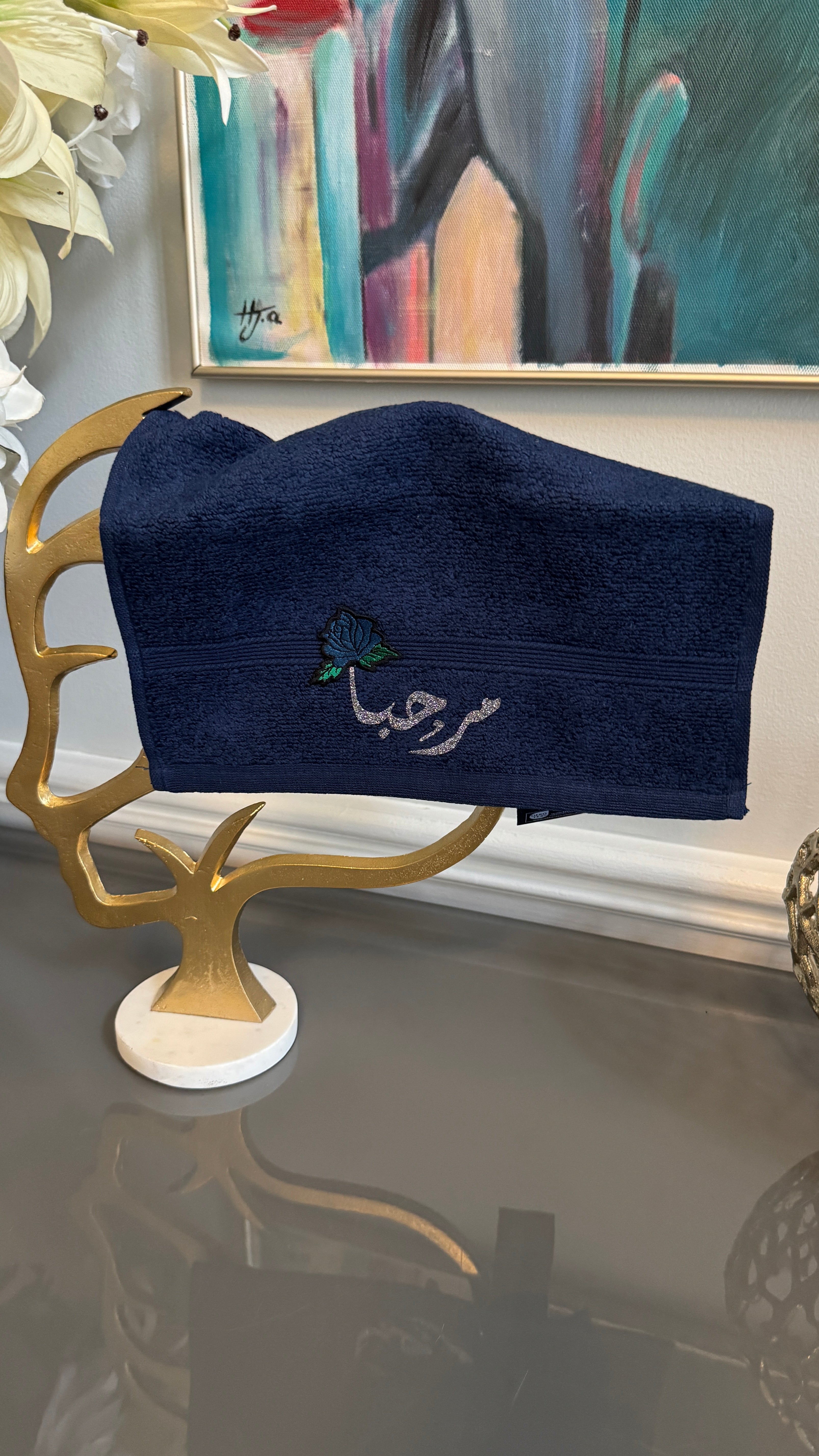 Blue Hand towel designed with Arabic Calligraphy مرحبا