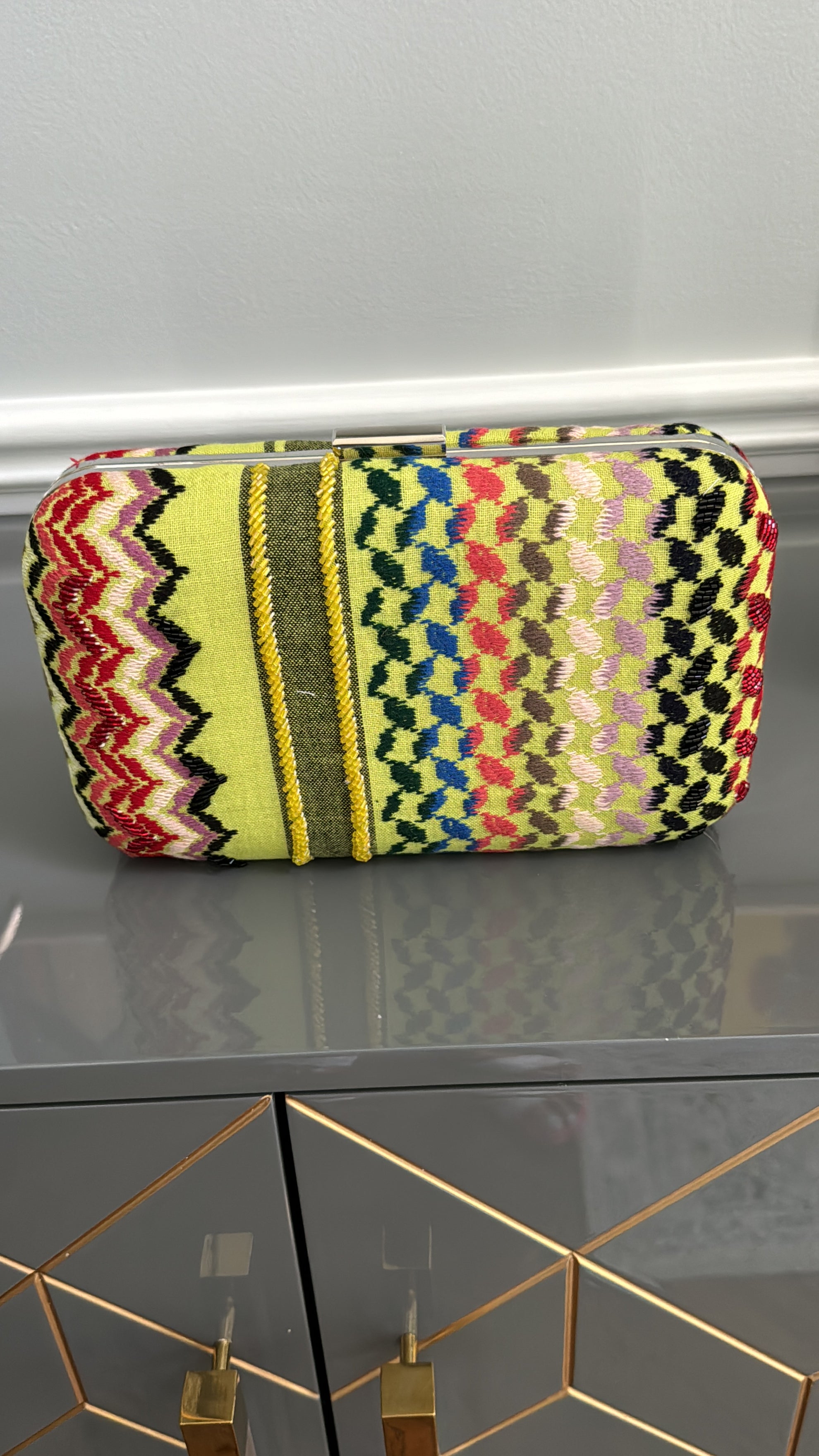 Yellow multi colors rectangle beaded keffiyeh Clutch, handbag