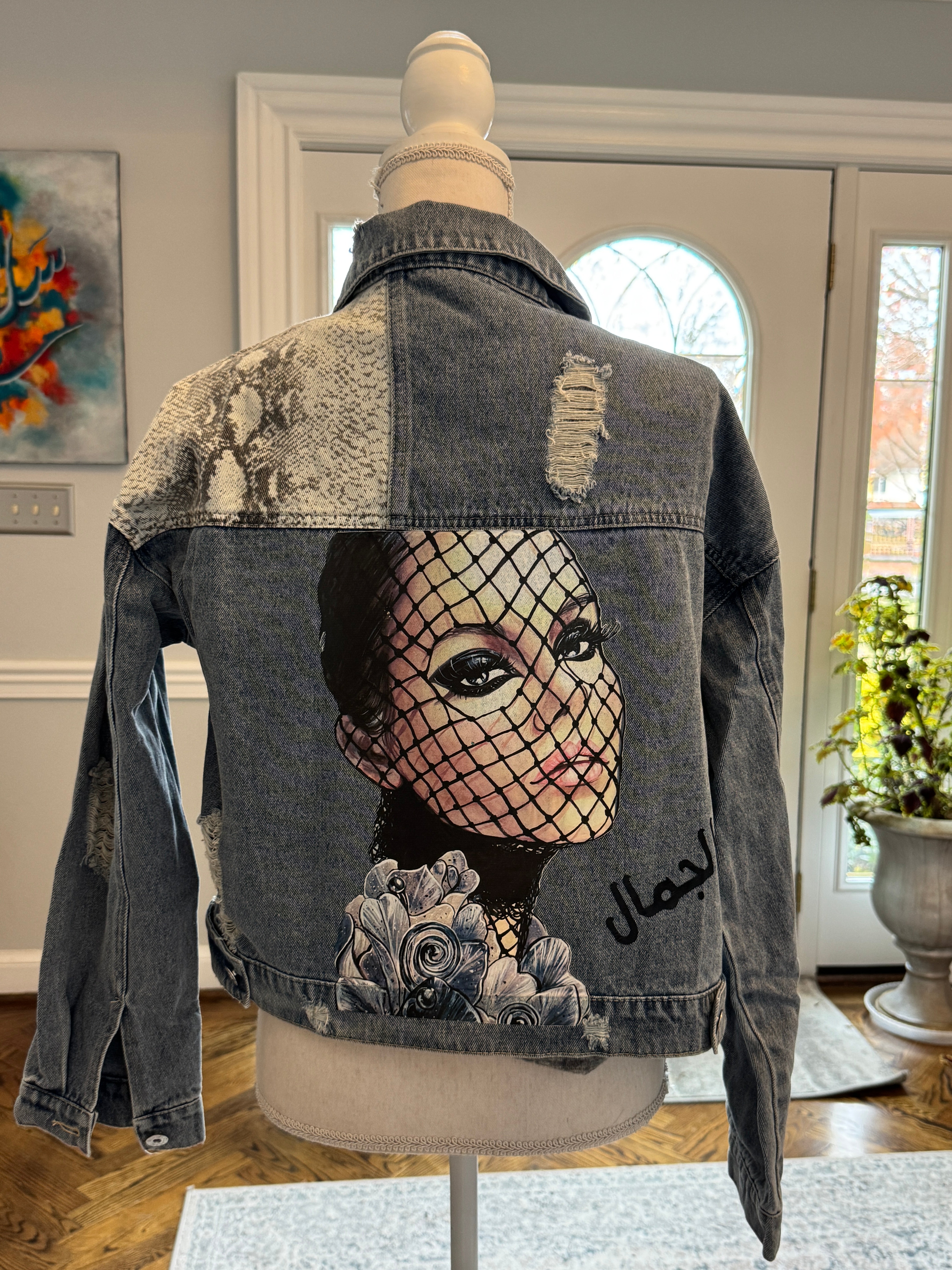 Denim Jacket leopard print And Arabic Calligraphy design الجمال and women beauty image.