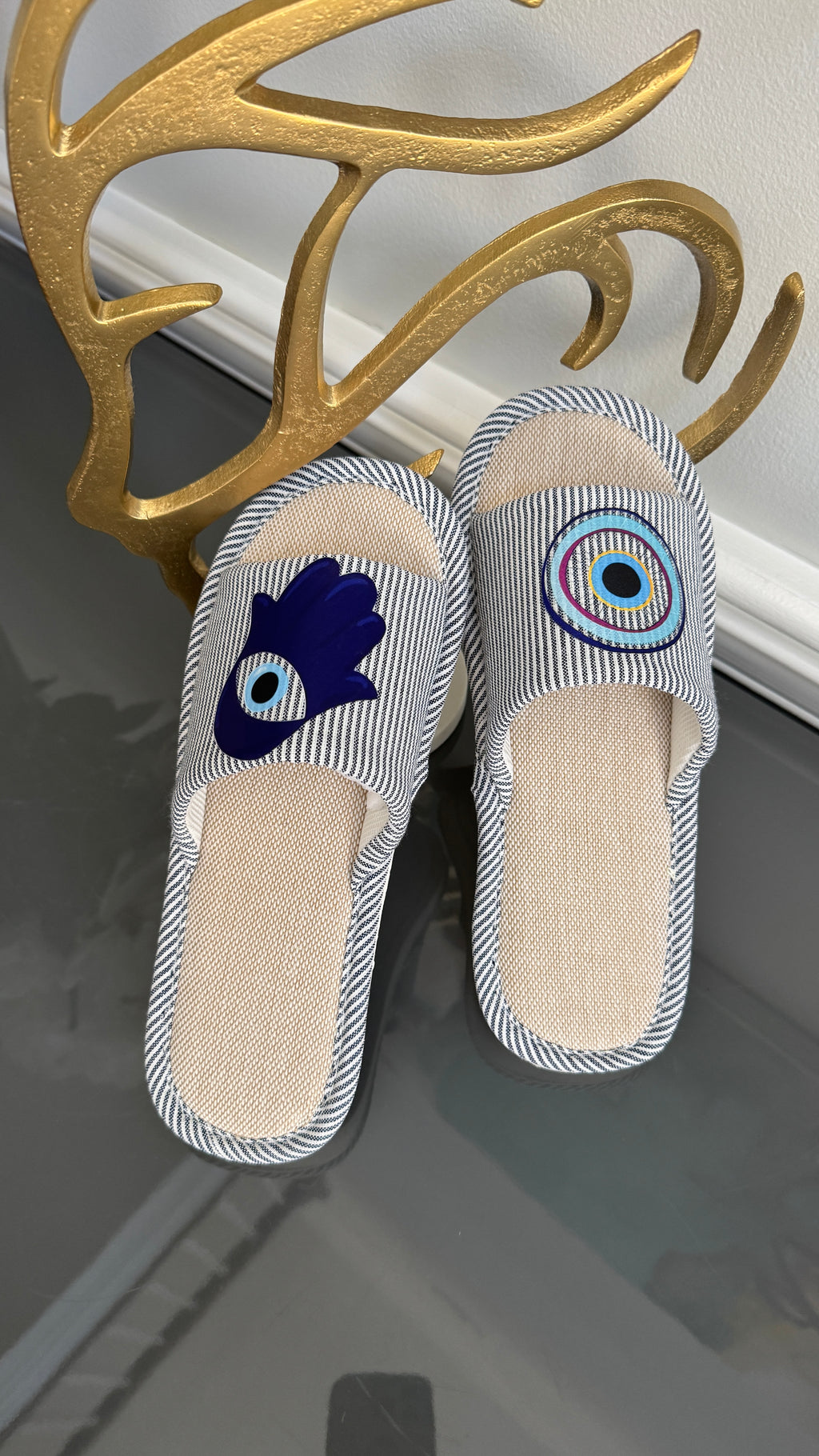 Navy Blue Slip on Slippers. Designed with evil eye and Fatima Hand