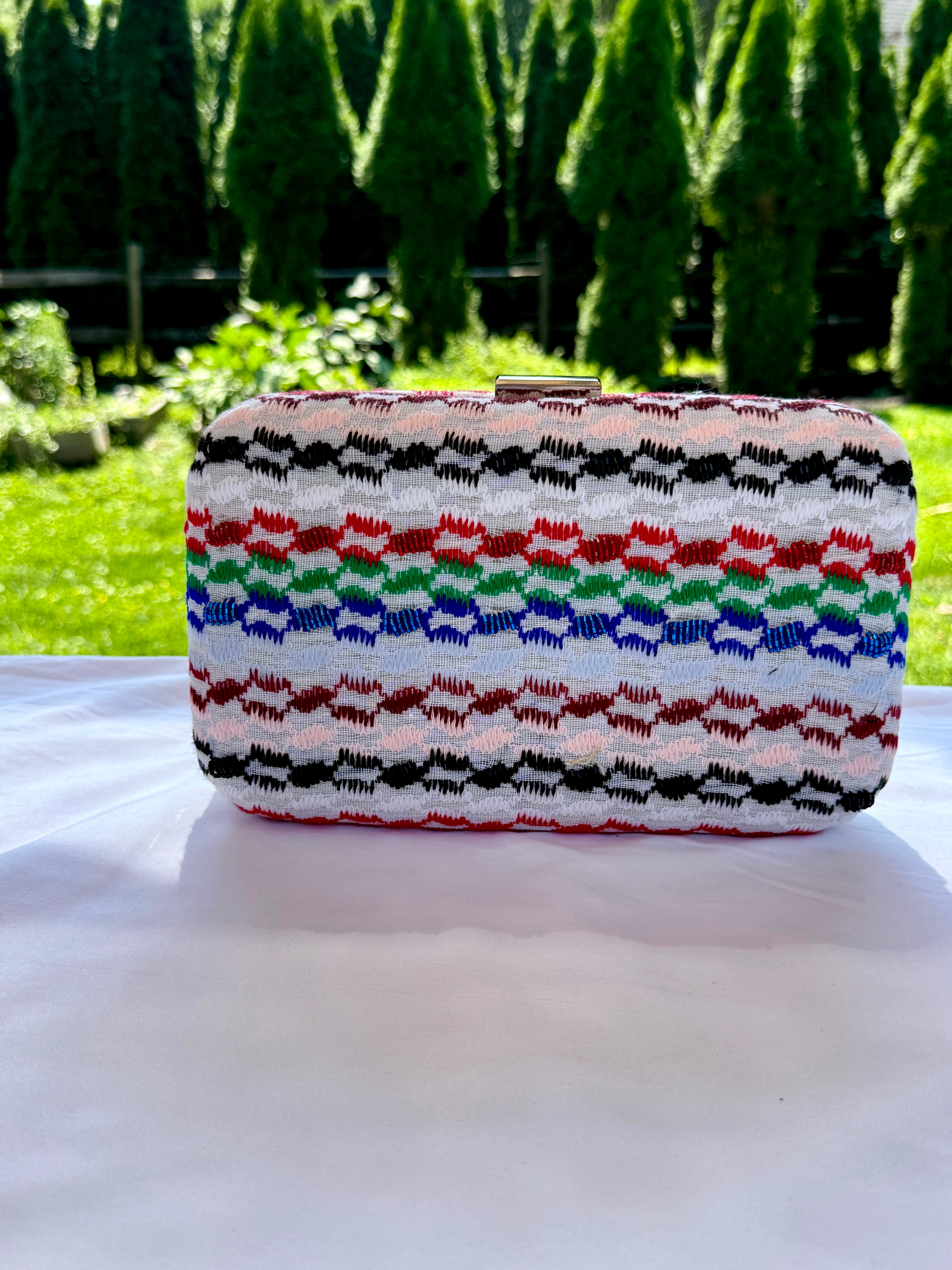 Multi color beaded keffiyeh hard case rectangle clutch, handbag