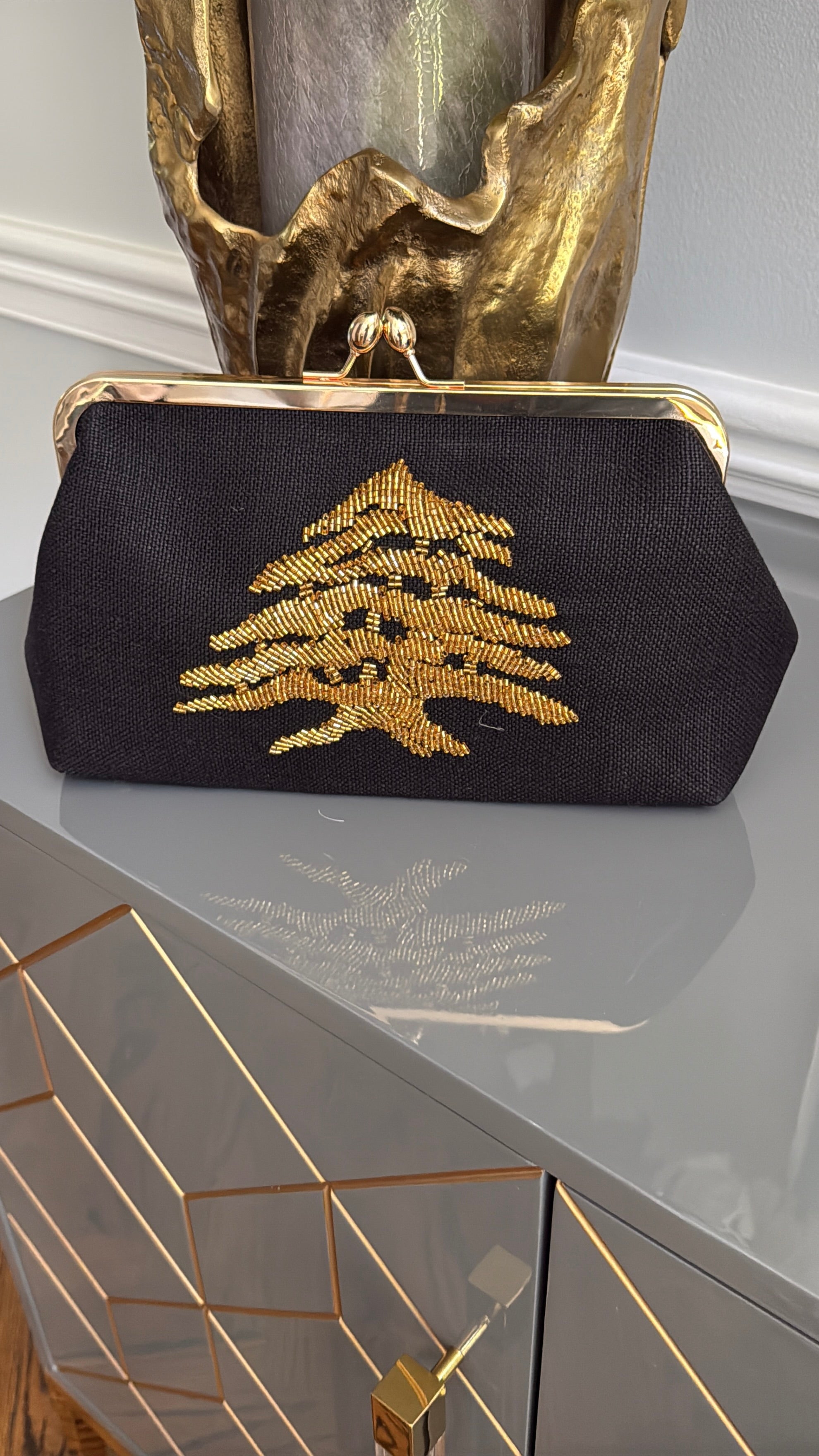 Black Handbag, clutch, purse beaded cedar of Lebanon.