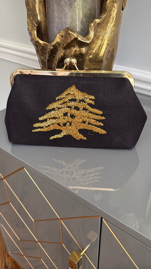 Black Handbag, clutch, purse beaded cedar of Lebanon.