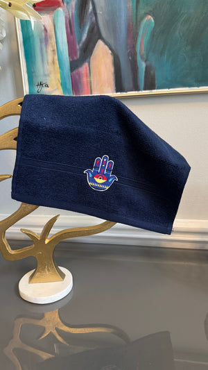 Blue Hand towel designed with embroidery Fatimah’s Hand.