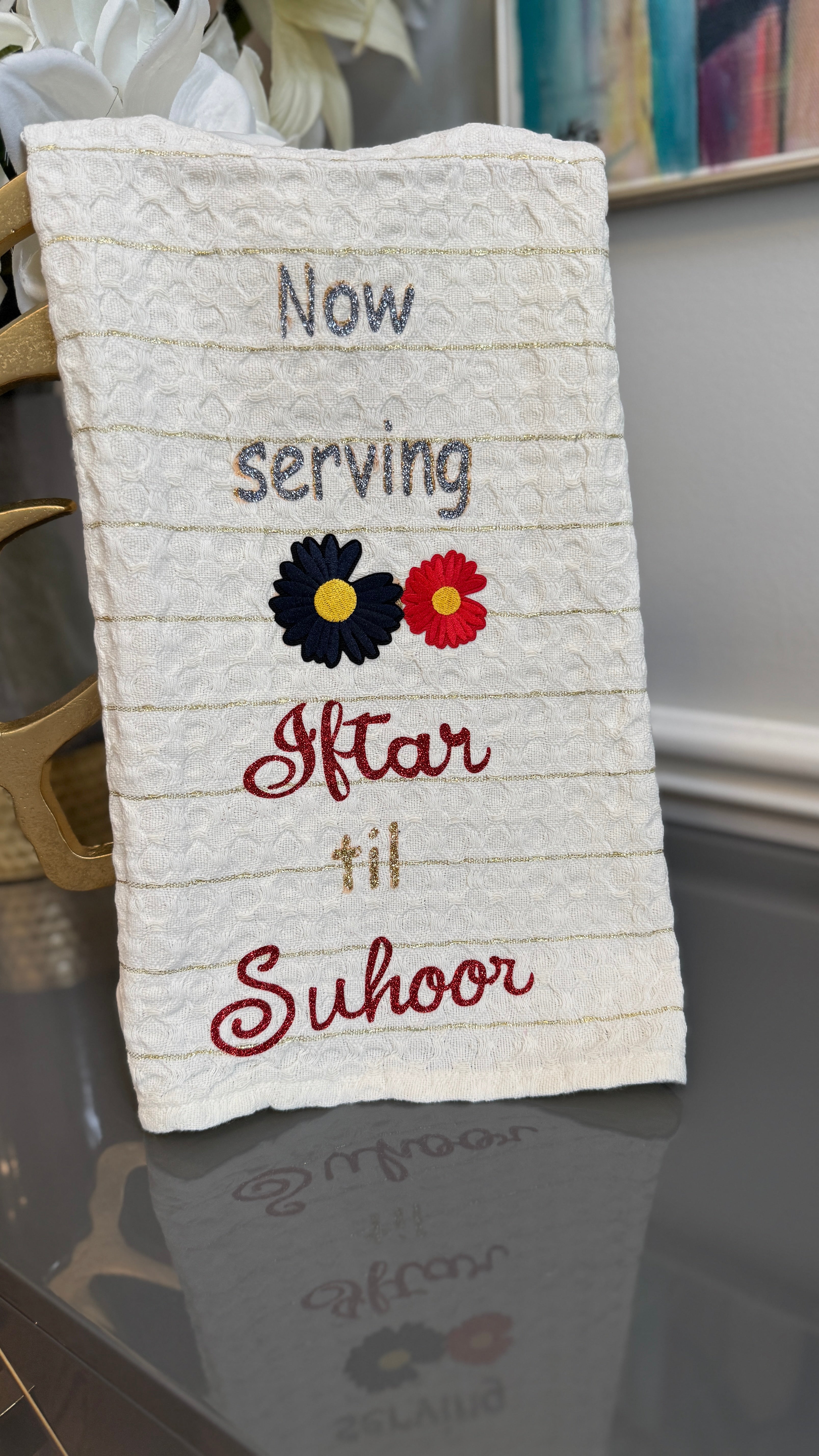 White Towel designed with Ramadan Theme and embroidery flowers.