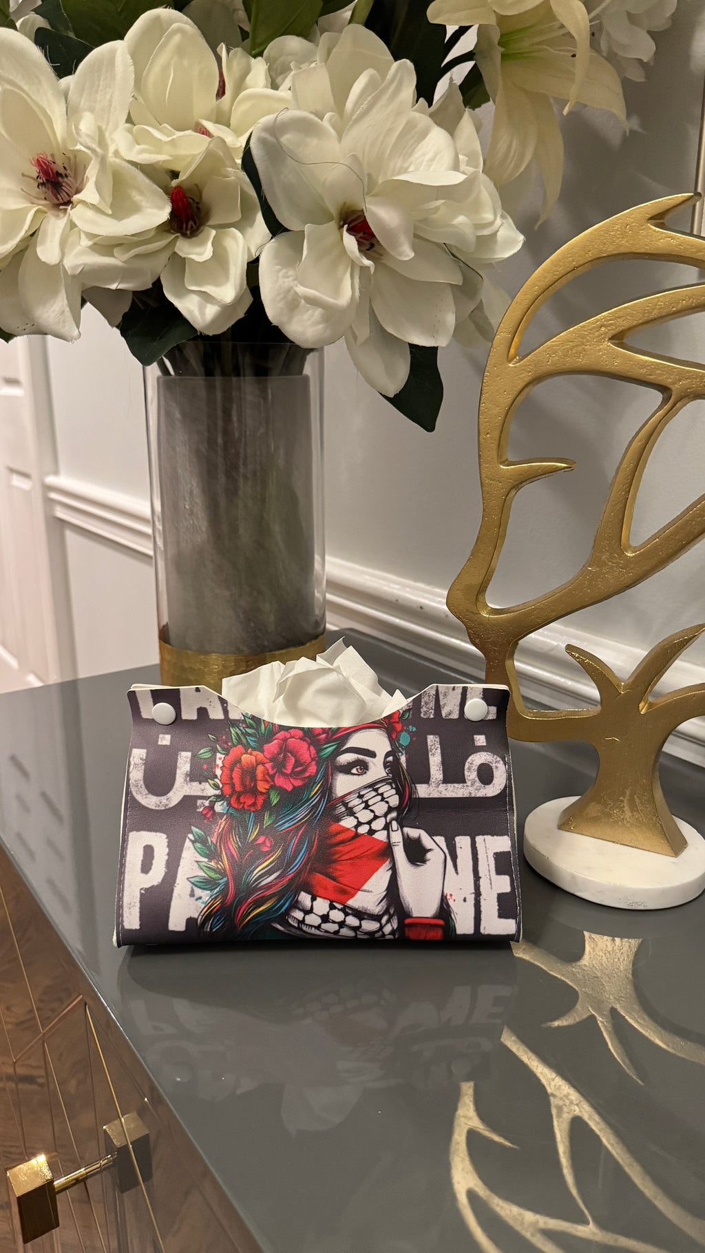 Tissue box cover designed with a women Keffiyeh and flower Theme & Arabic Calligraphy Palestine