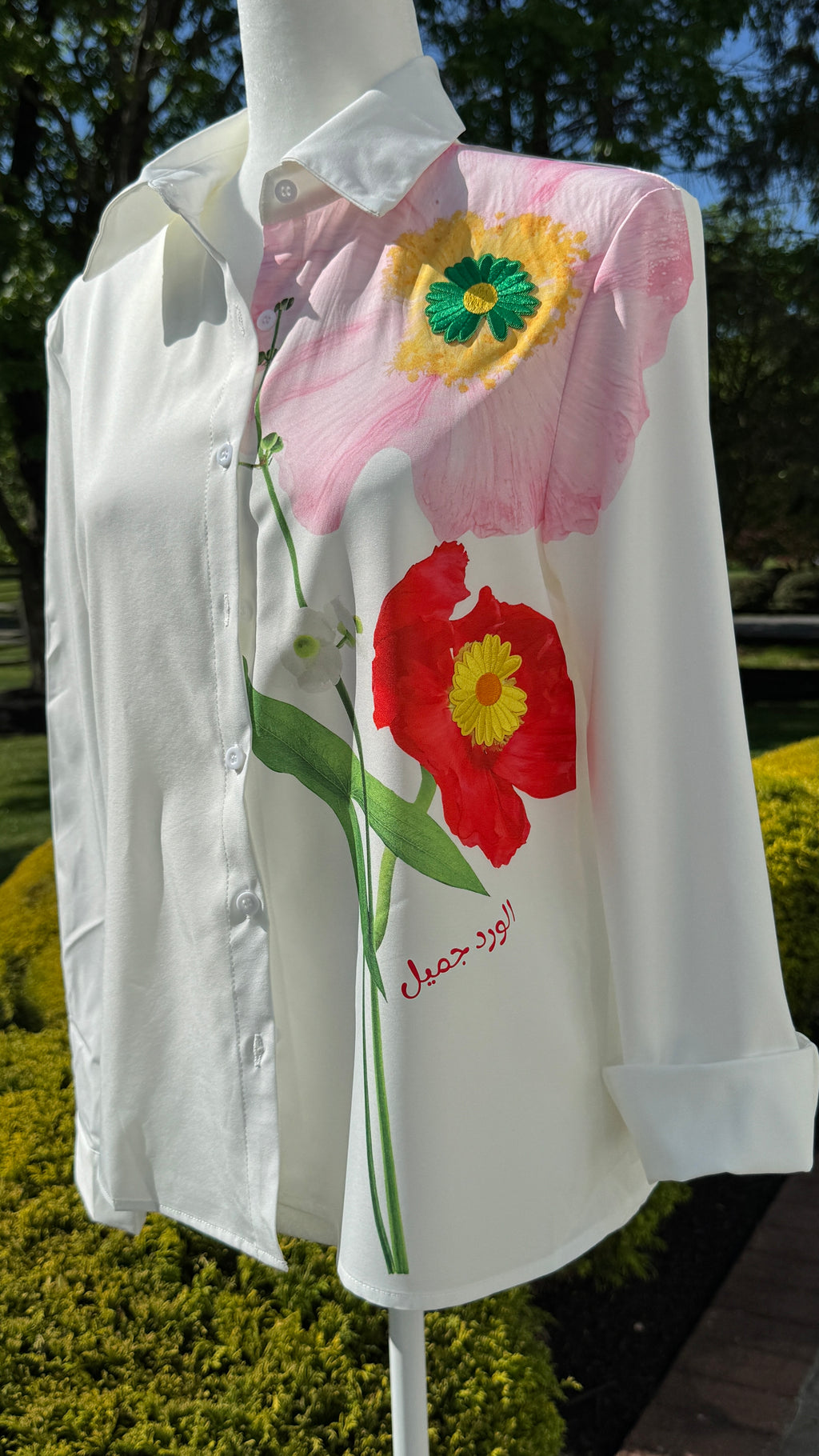 Long Sleeve Floral Print , embroidery motif & Arabic Calligraphy Blouse الورد جميل