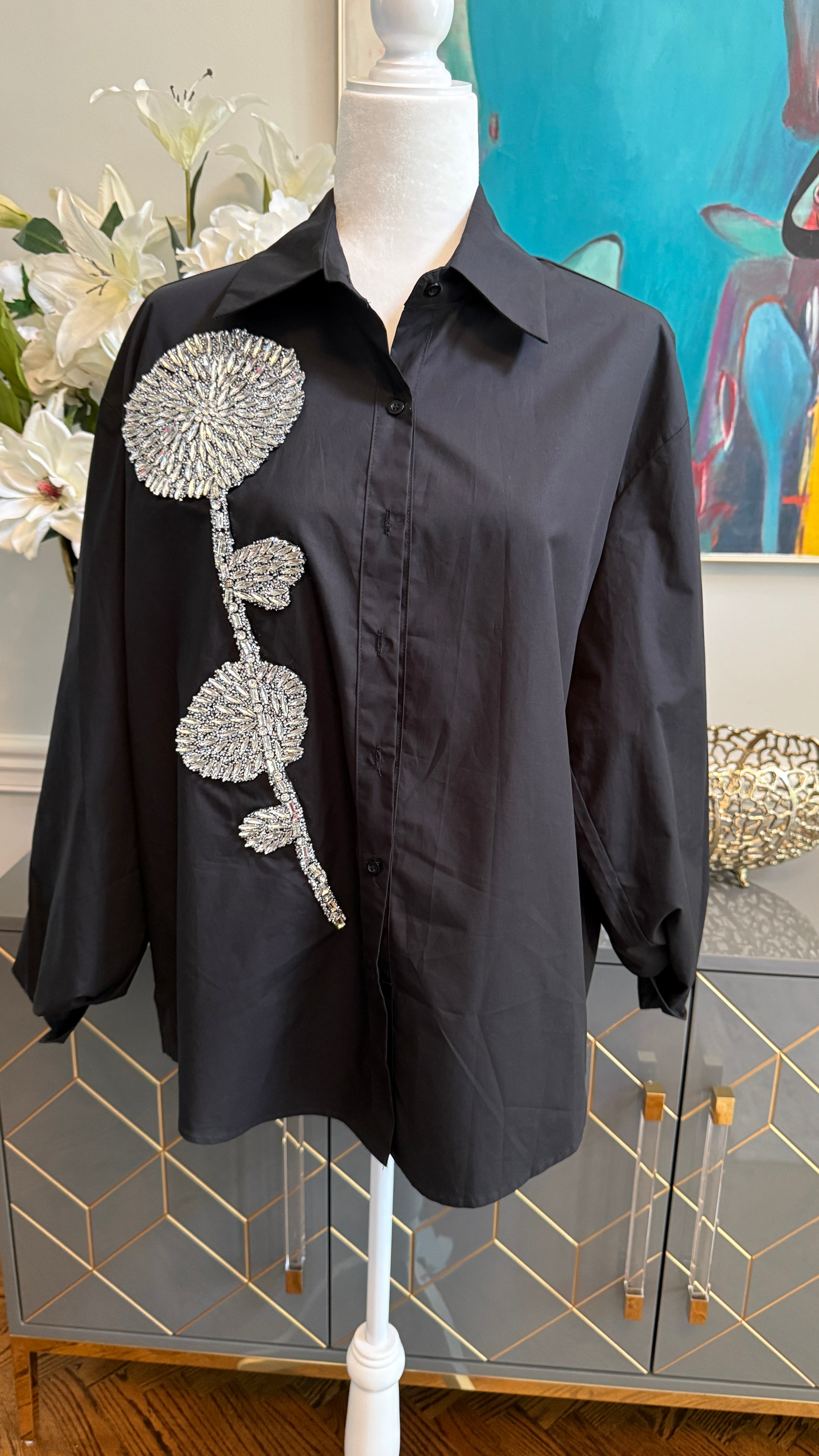 Embellished Shirt with crystal stone flower theme