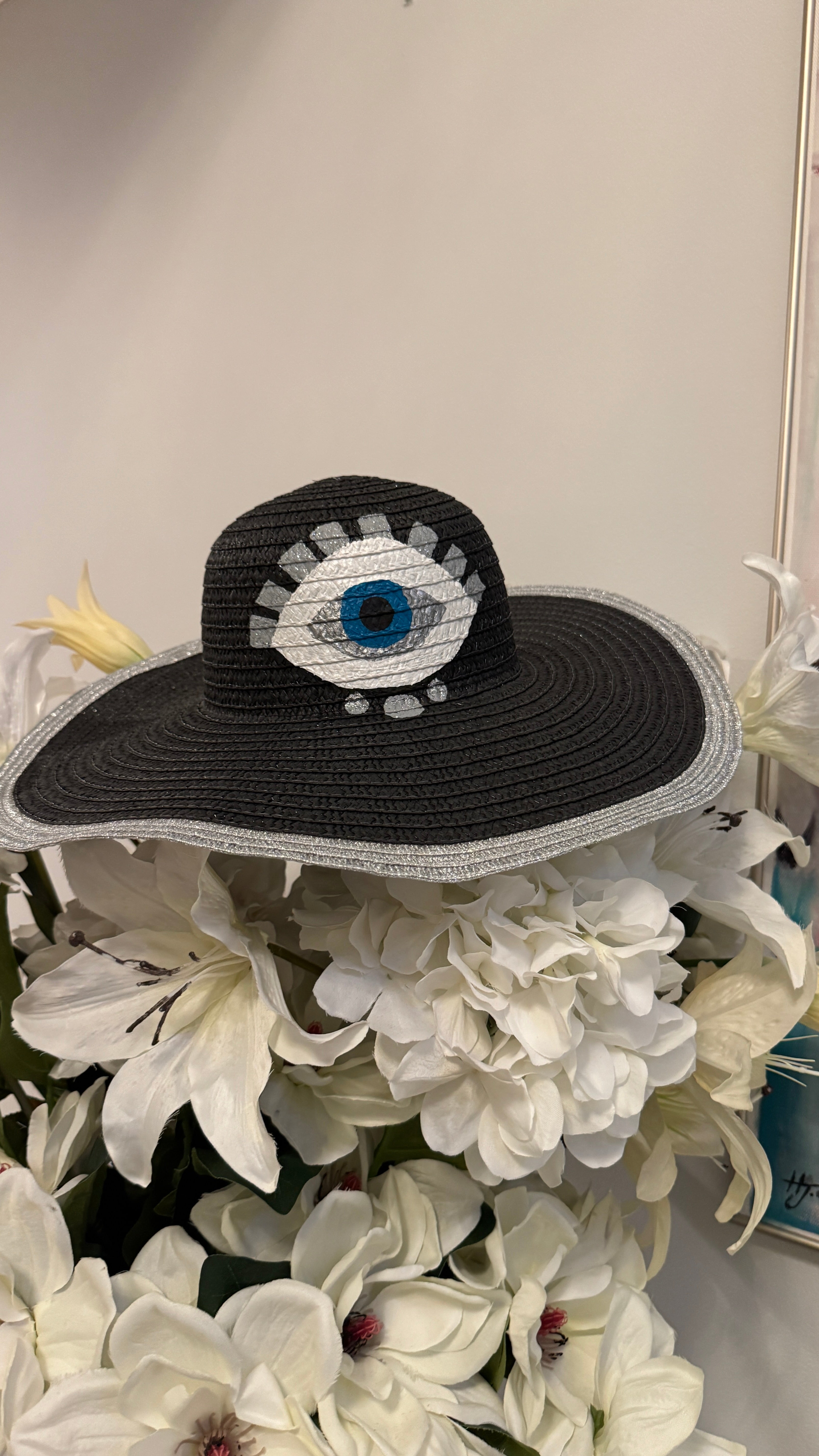 Floppy Hat Black and Silver trim , Hand painted Evil eye