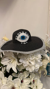 Floppy Hat Black and Silver trim , Hand painted Evil eye