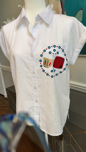 White blouse, top short sleeves evil eye and Fez design