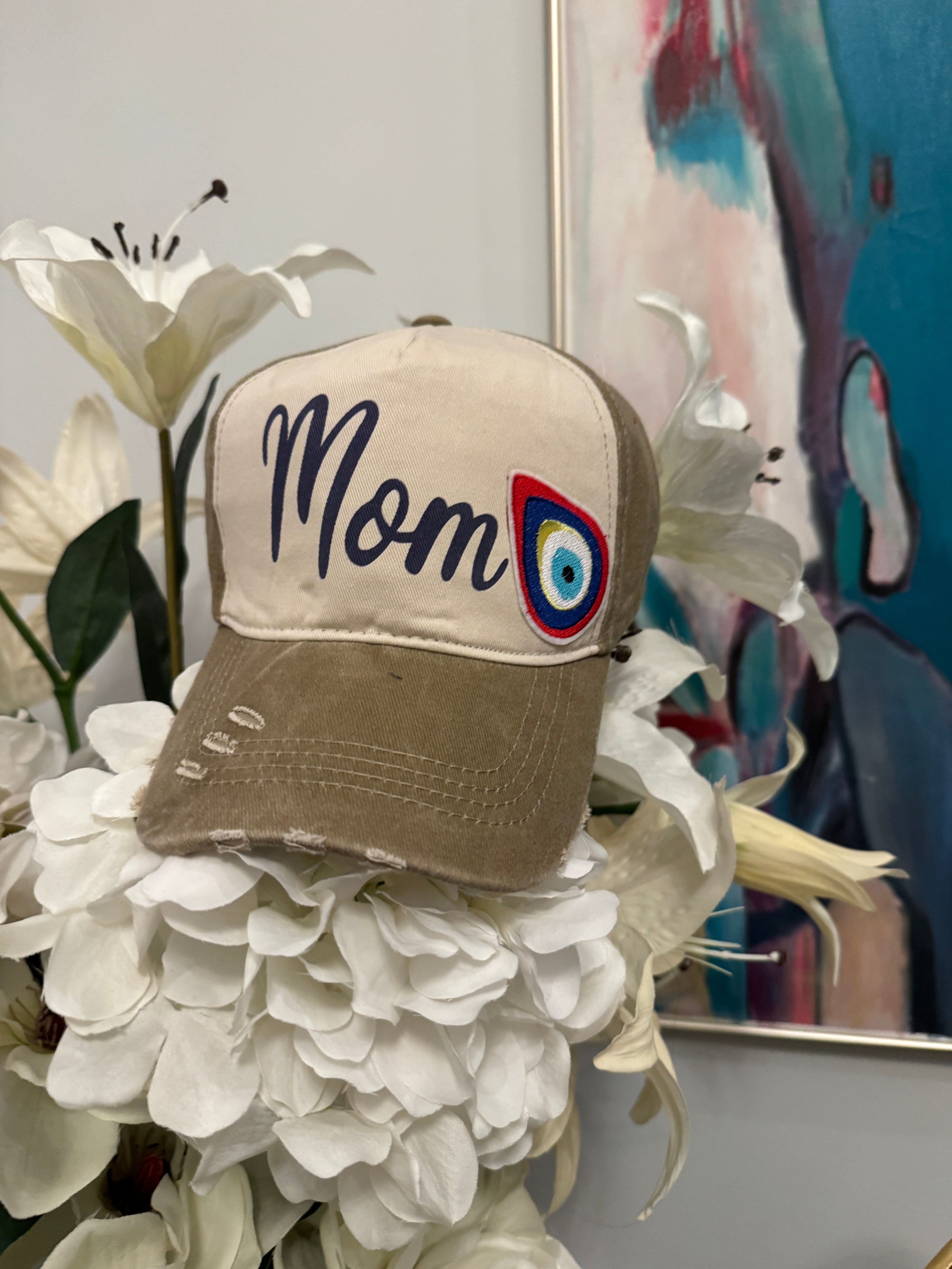 Cap hat Mom design with embroidery tear drop evil eye.