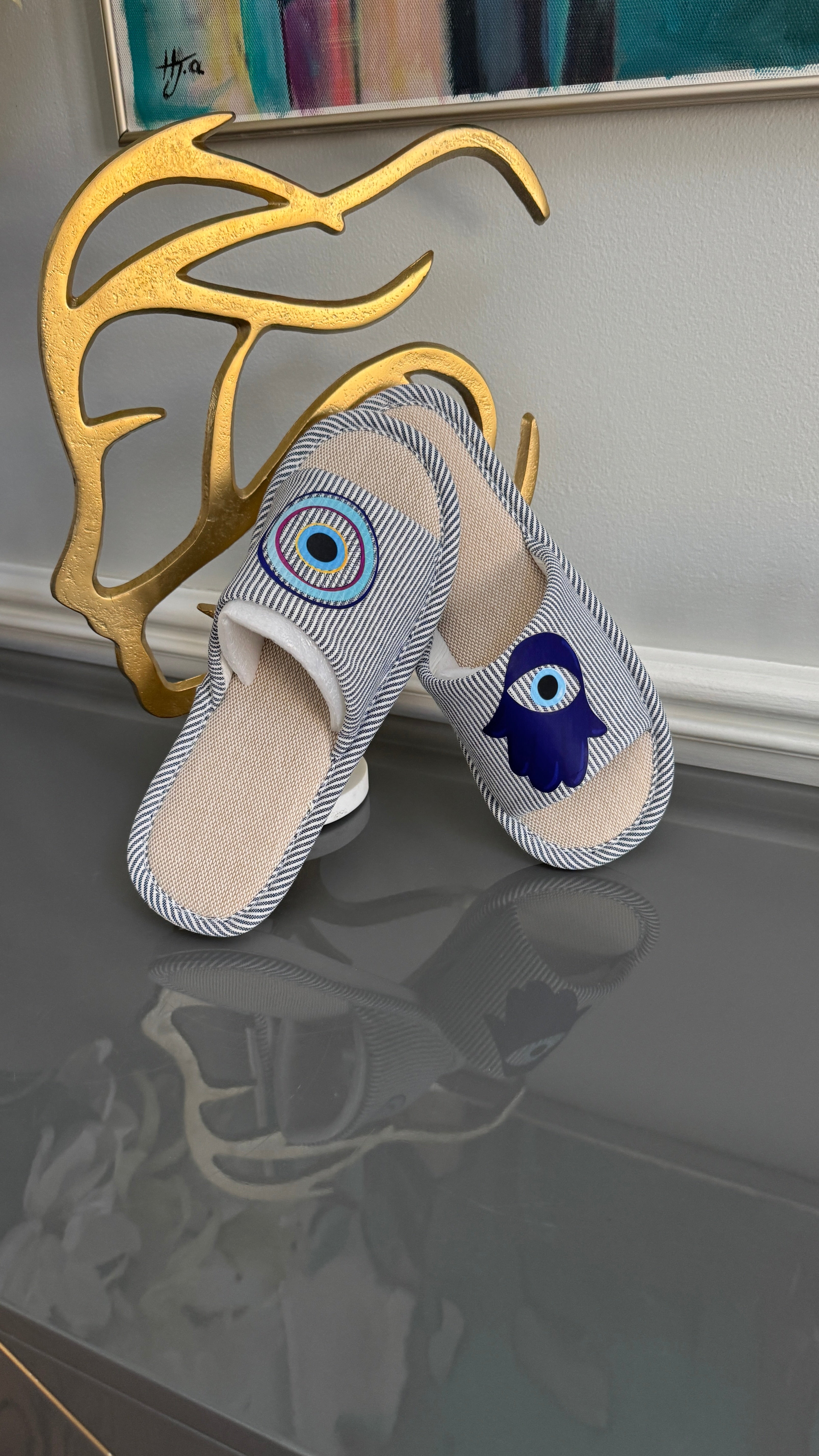 Navy Blue Slip on Slippers. Designed with evil eye and Fatima Hand