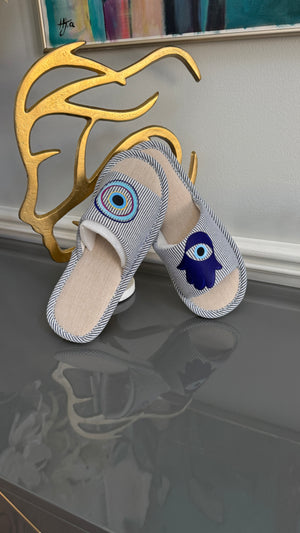 Navy Blue Slip on Slippers. Designed with evil eye and Fatima Hand