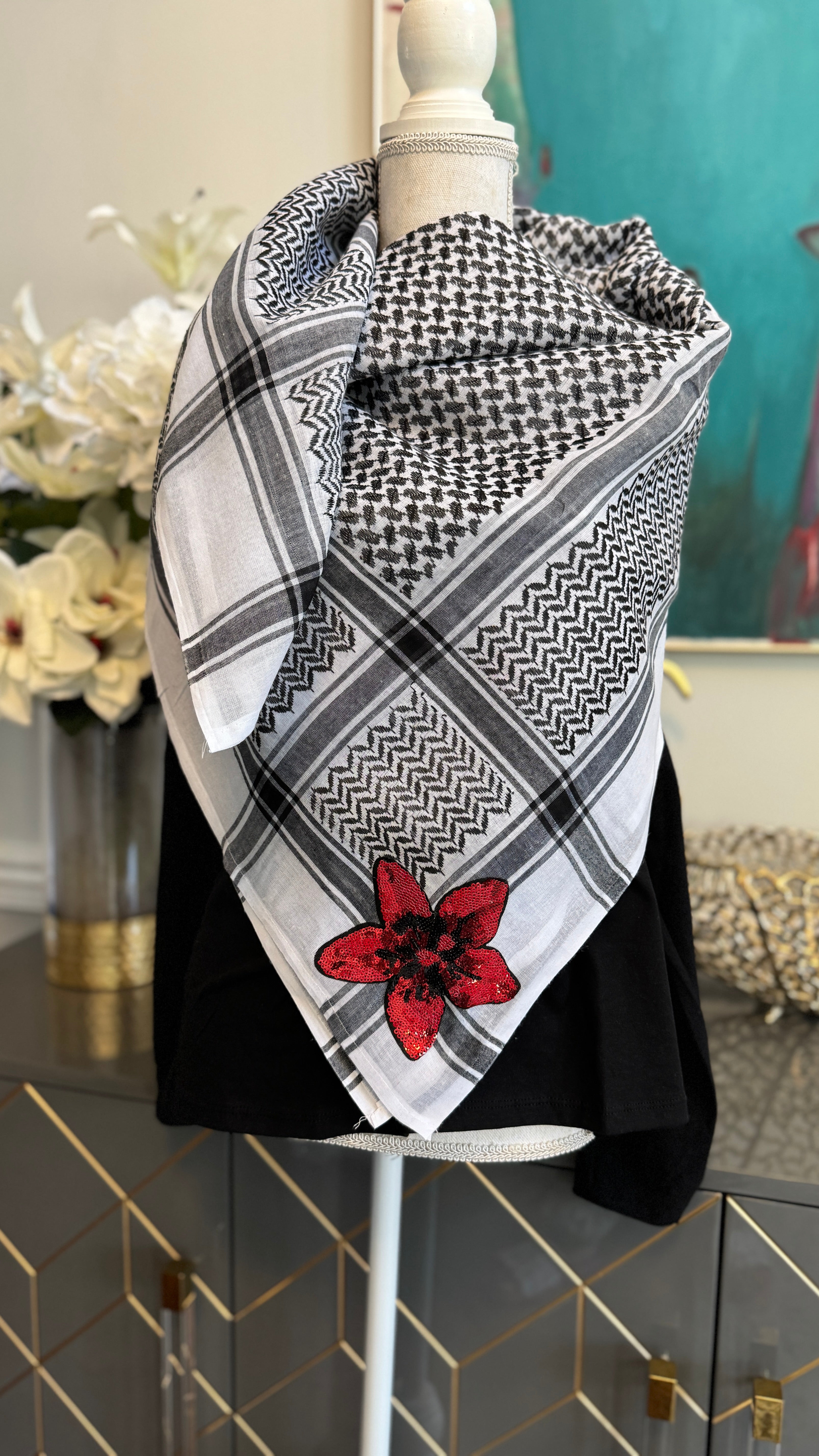 Black & White Keffiyeh, designed on both sides designed with Fez and Arabic Caligraphy الحرية and Sequin flower