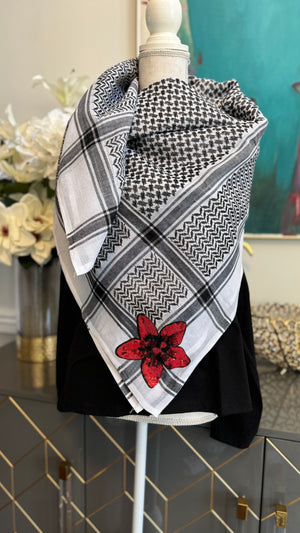 Black & White Keffiyeh, designed on both sides designed with Fez and Arabic Caligraphy الحرية and Sequin flower