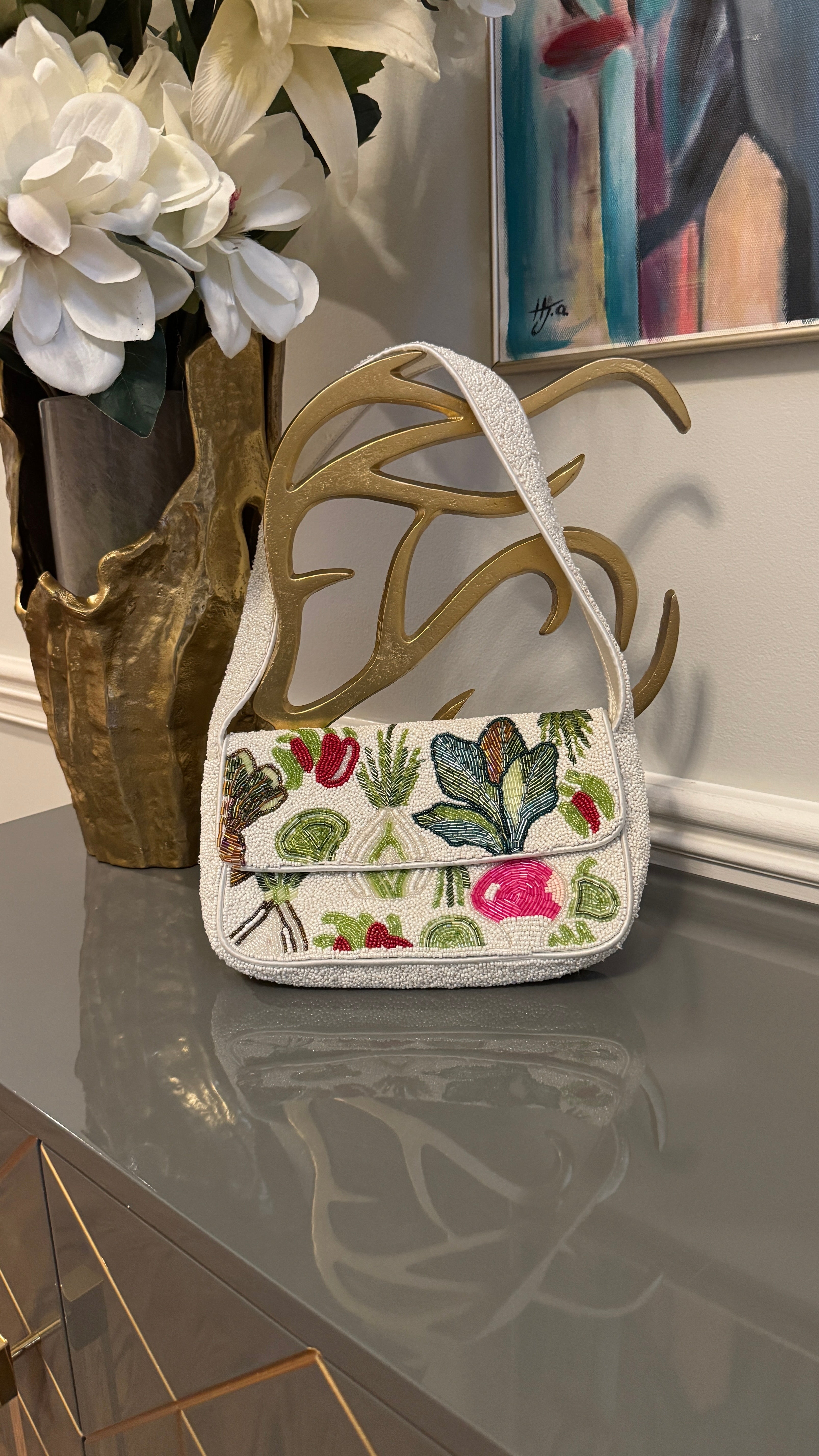 White, Multi color, Beaded clutch