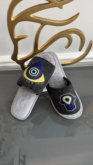 Gray Slip on Slippers. Designed with evil eye and Fatima Hand