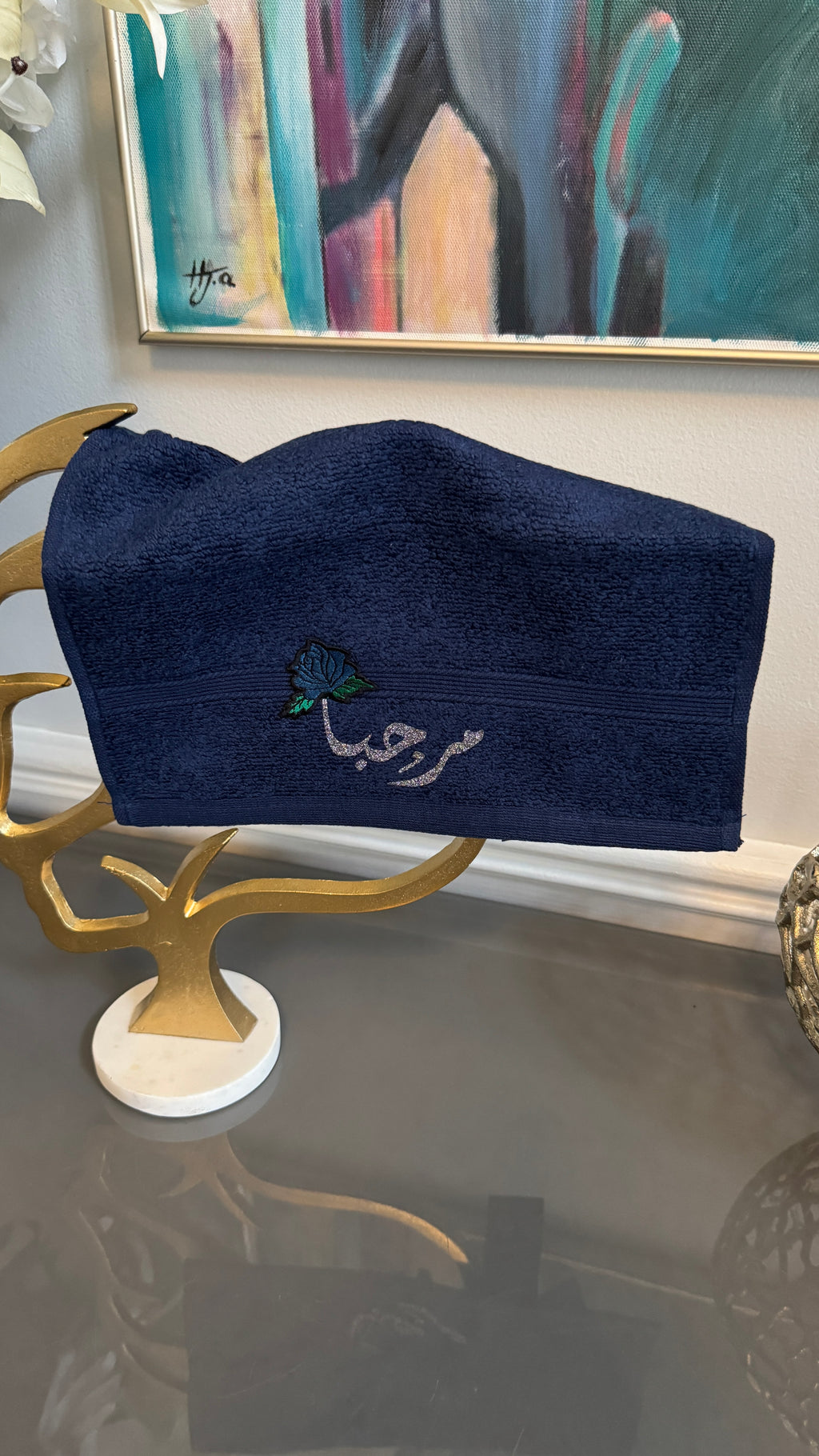 Blue Hand towel designed with Arabic Calligraphy مرحبا