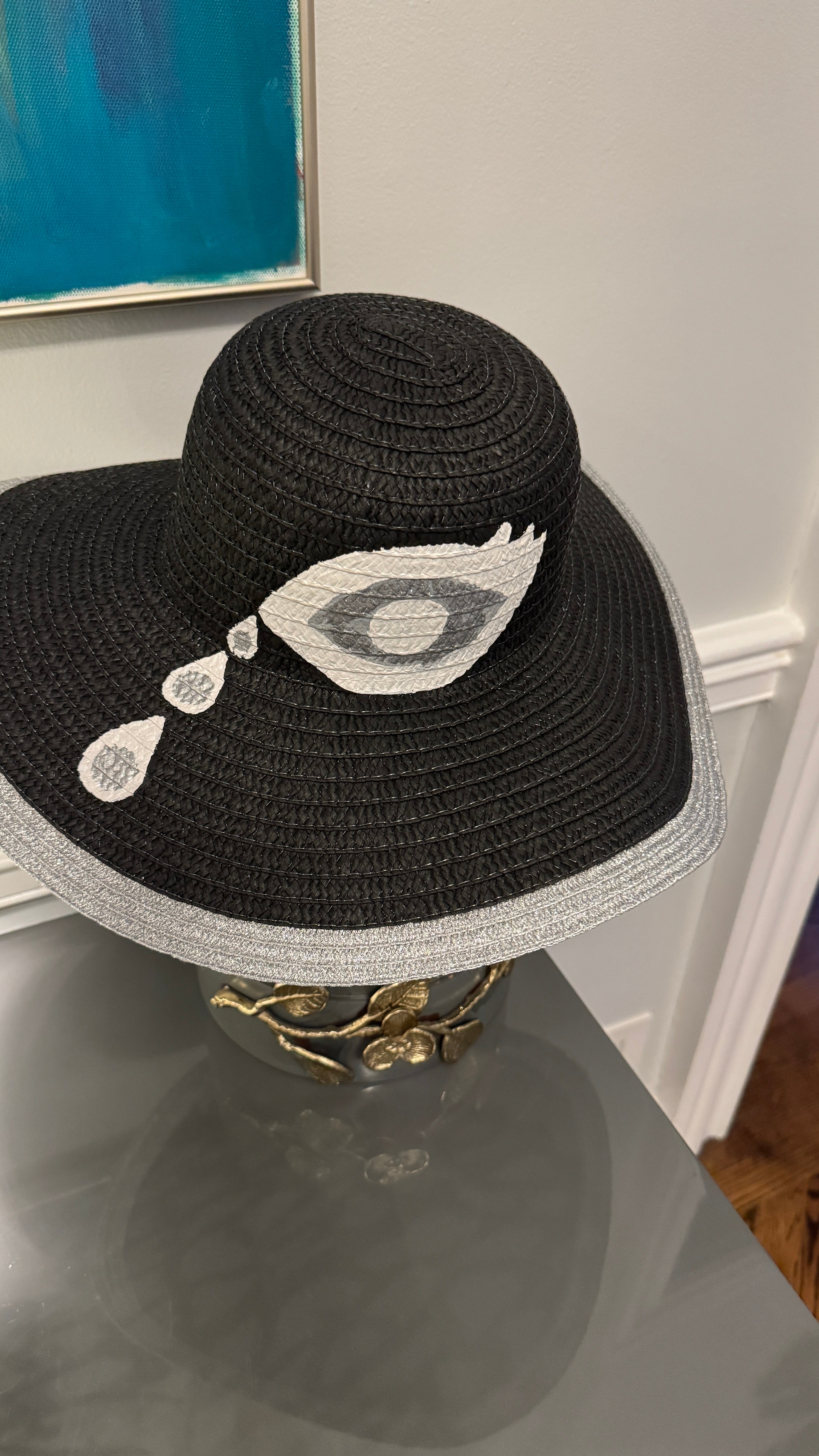 Floppy Hat Black hand painted with the evil eye