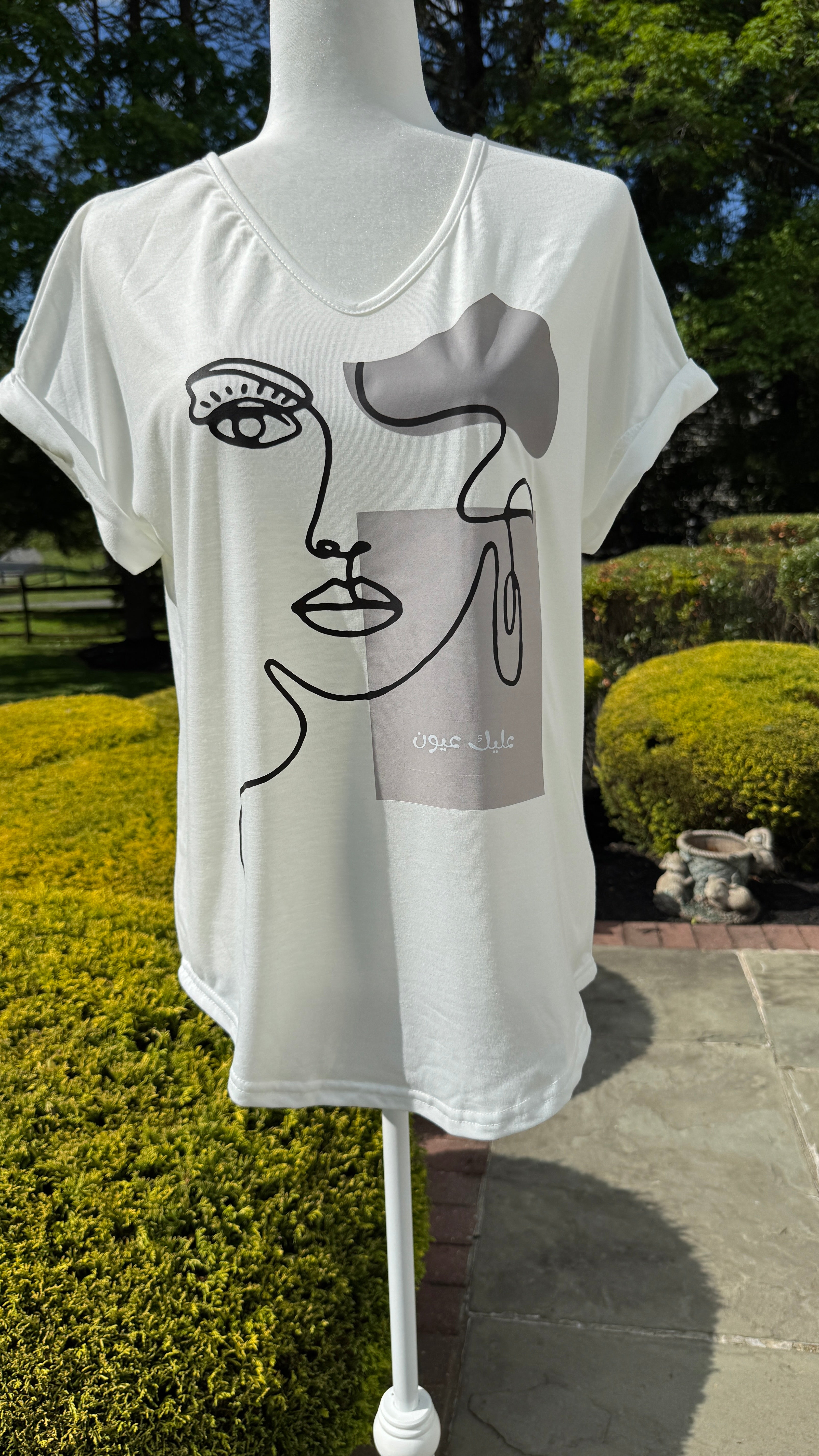 V Neck neck white shirt beauty & Arabic caligraphy Design عليك عيون