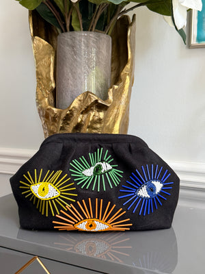 Black Handbag, clutch, purse beaded evil eye design