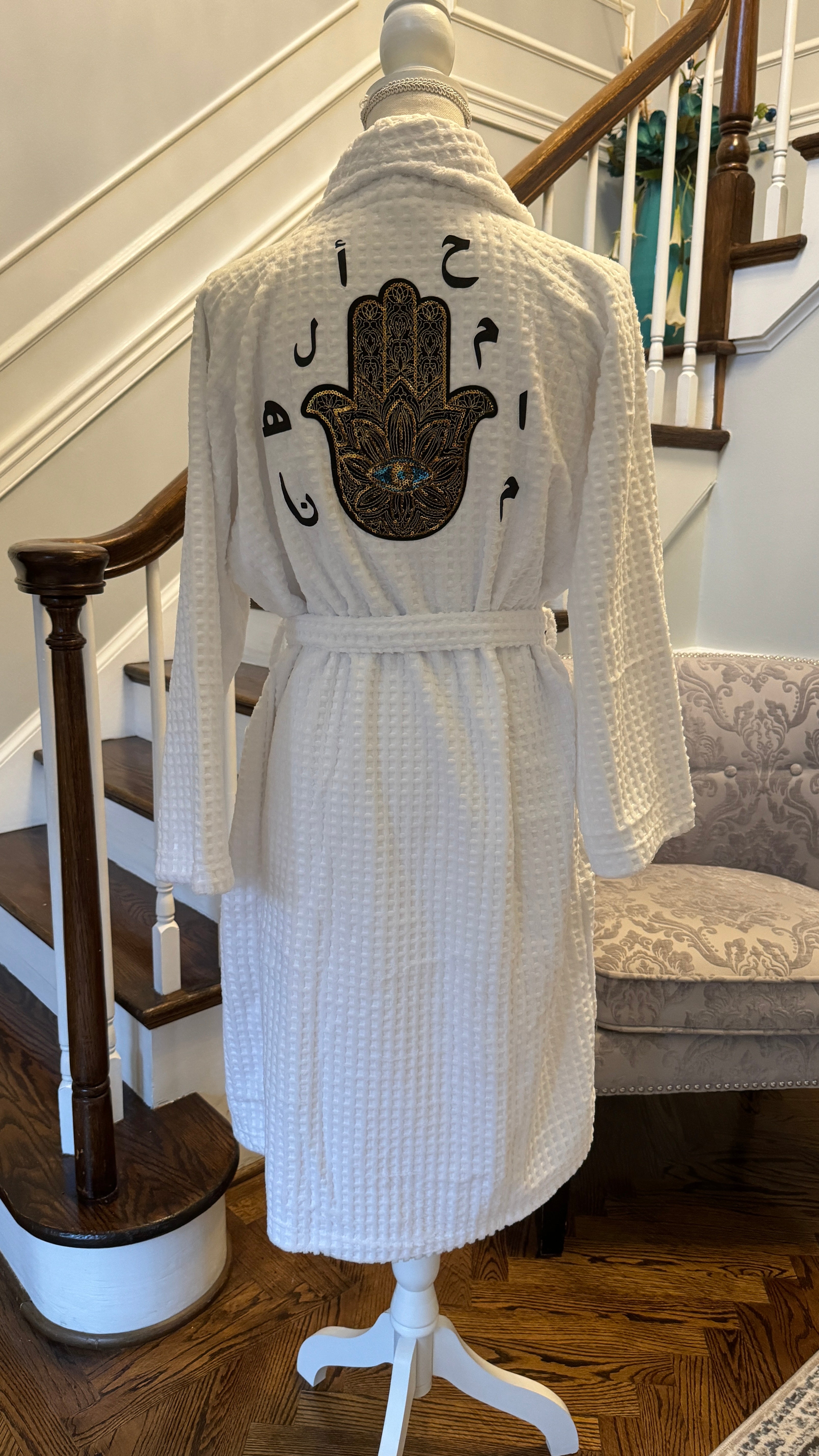 Spa Robe designed with sequins Fatima Hand and Arabic Calligraphy حمام الهنا