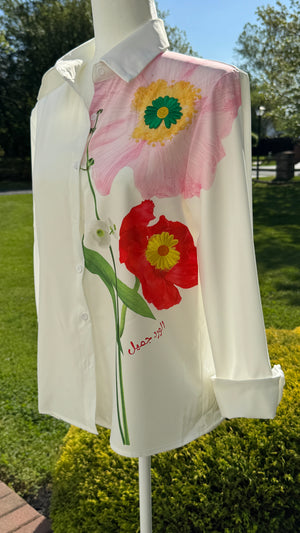 Long Sleeve Floral Print , embroidery motif & Arabic Calligraphy Blouse الورد جميل