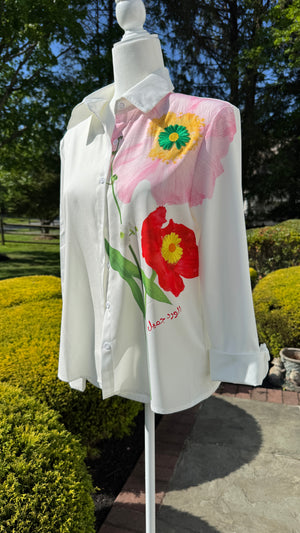Long Sleeve Floral Print , embroidery motif & Arabic Calligraphy Blouse الورد جميل