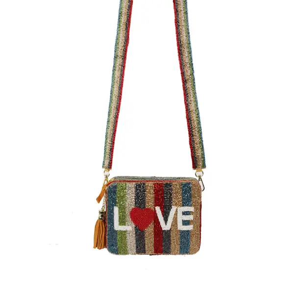 Beaded crossbody bag , Love theme with beaded straps. Beaded all around