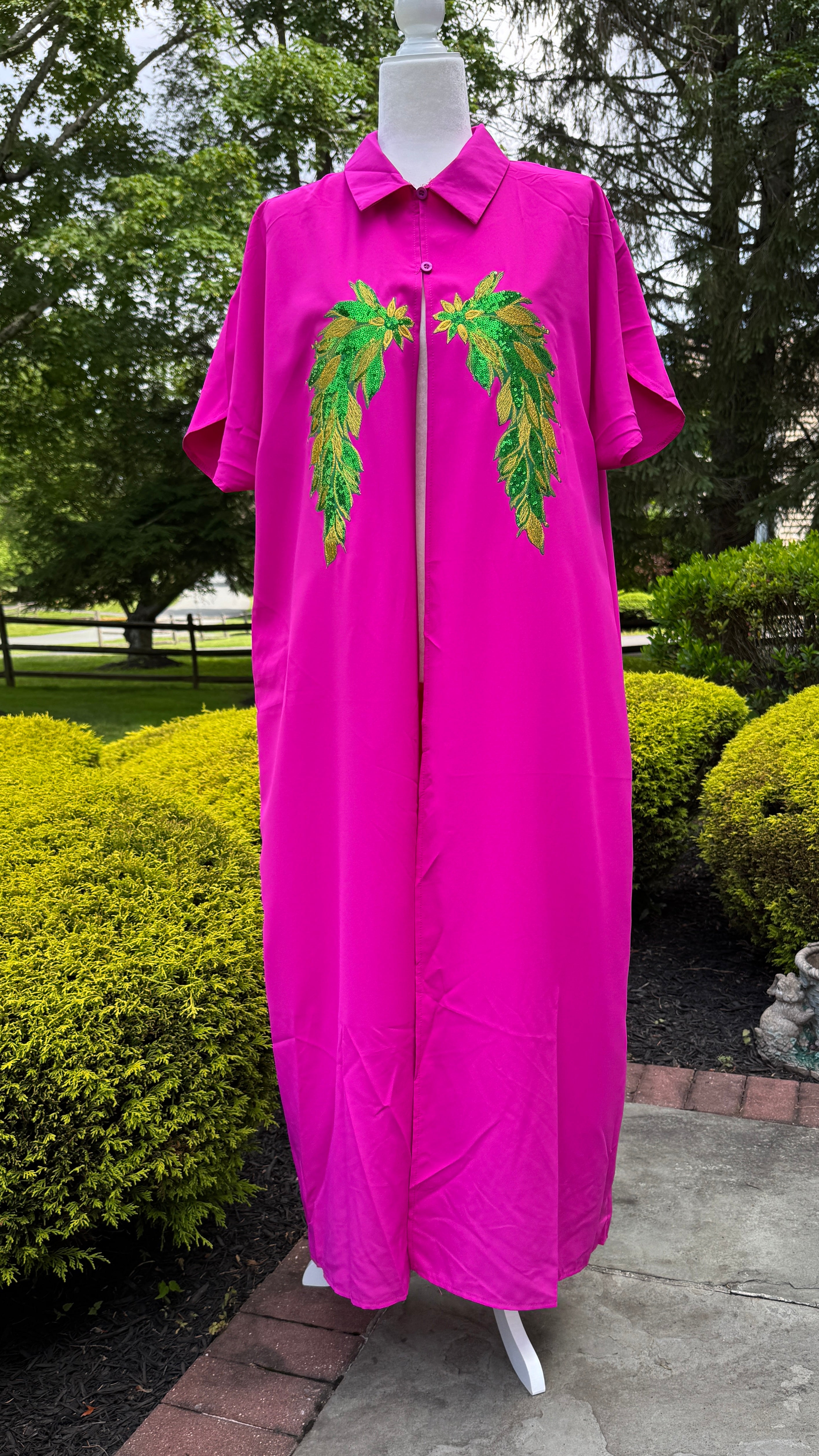 Casual Button Design Batwing Sleeve Super Long Shirt , designed with sequins wings motif.
