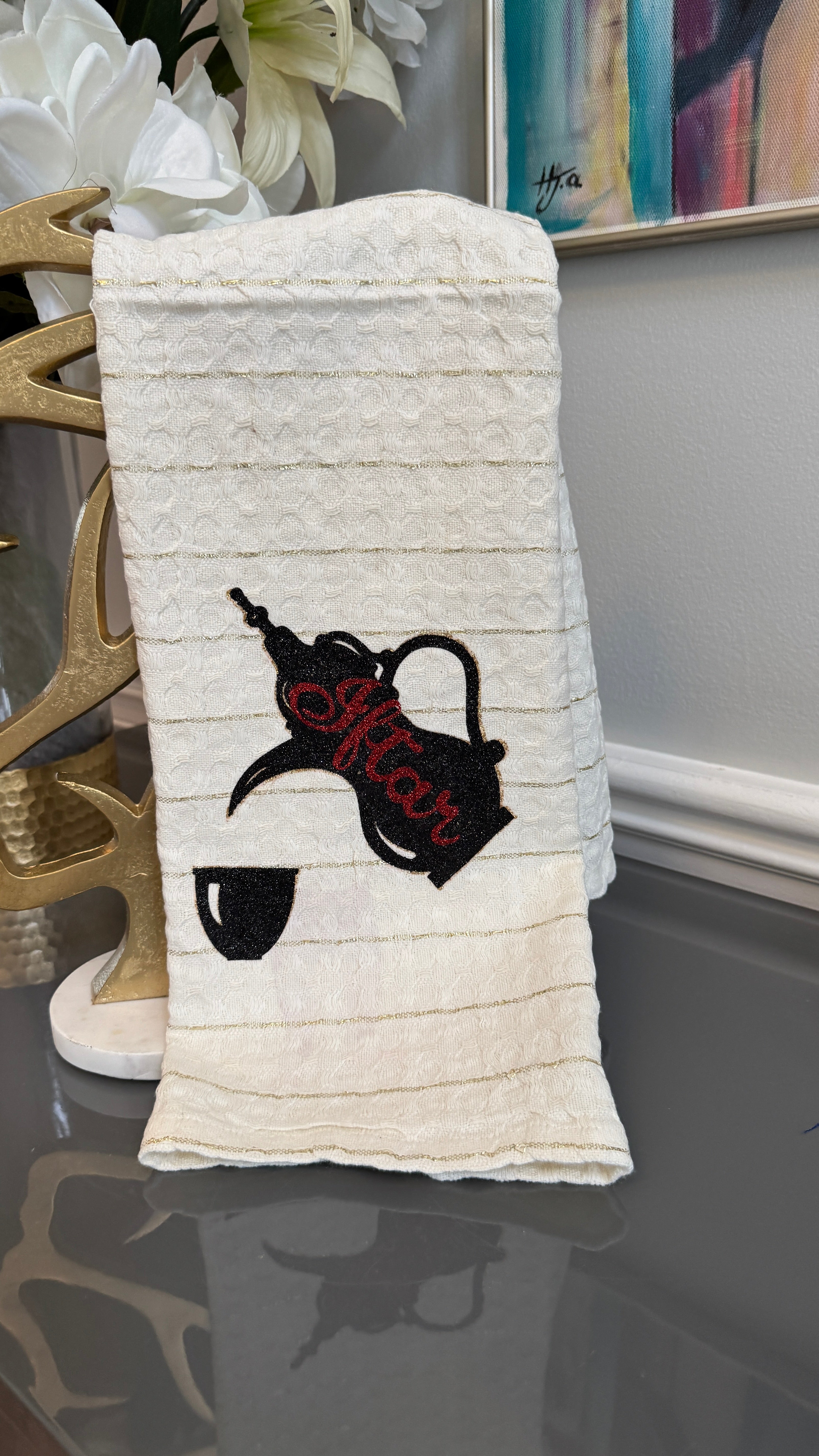 White Towel designed with Kettle & cup theme, Caligraphy Suhoor