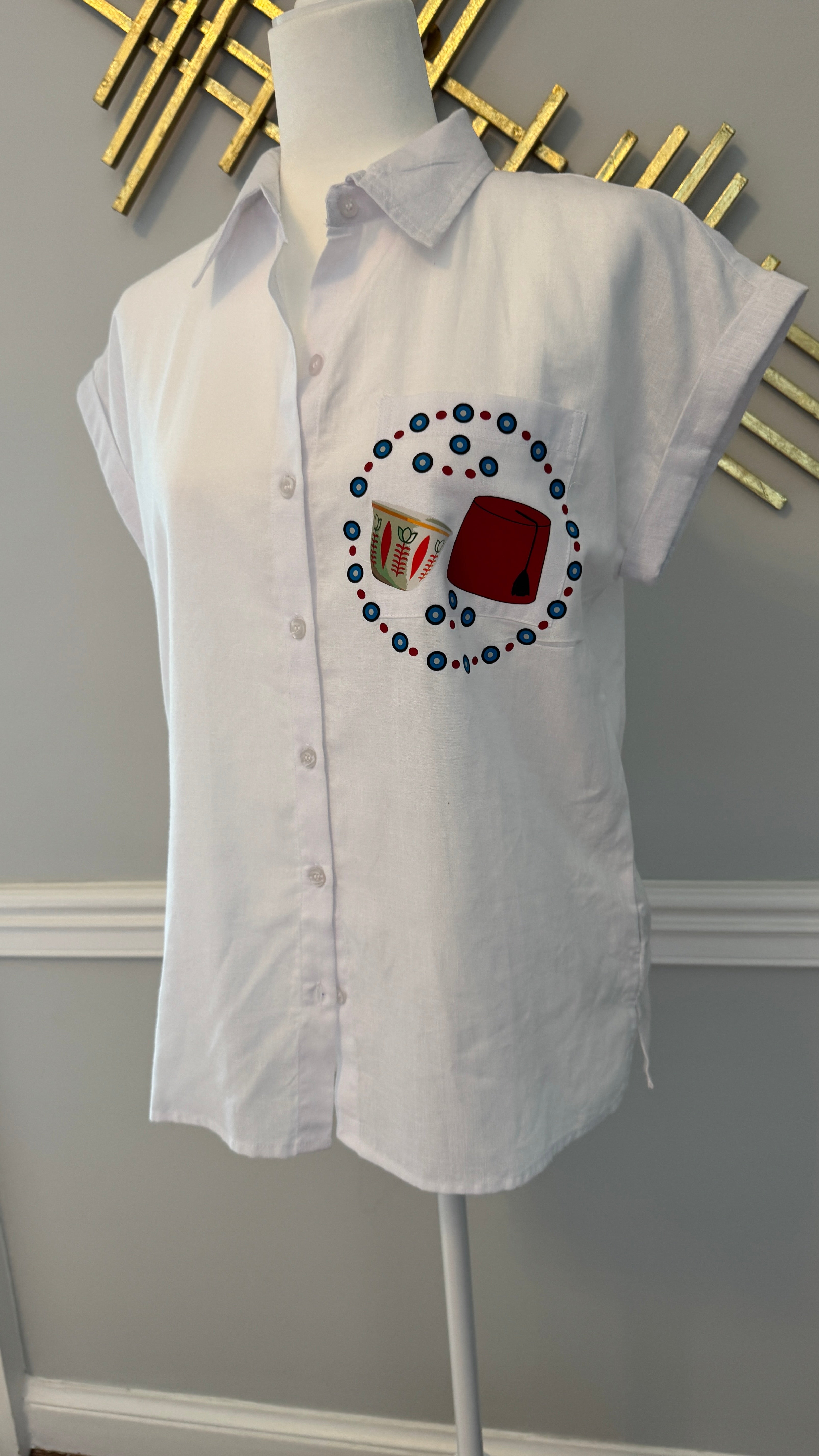 White blouse, top short sleeves evil eye and Fez design
