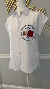 White blouse, top short sleeves evil eye and Fez design