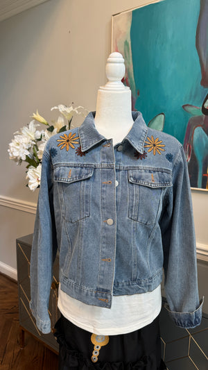 Denim Blue Jacket, embroidery flowers design theme