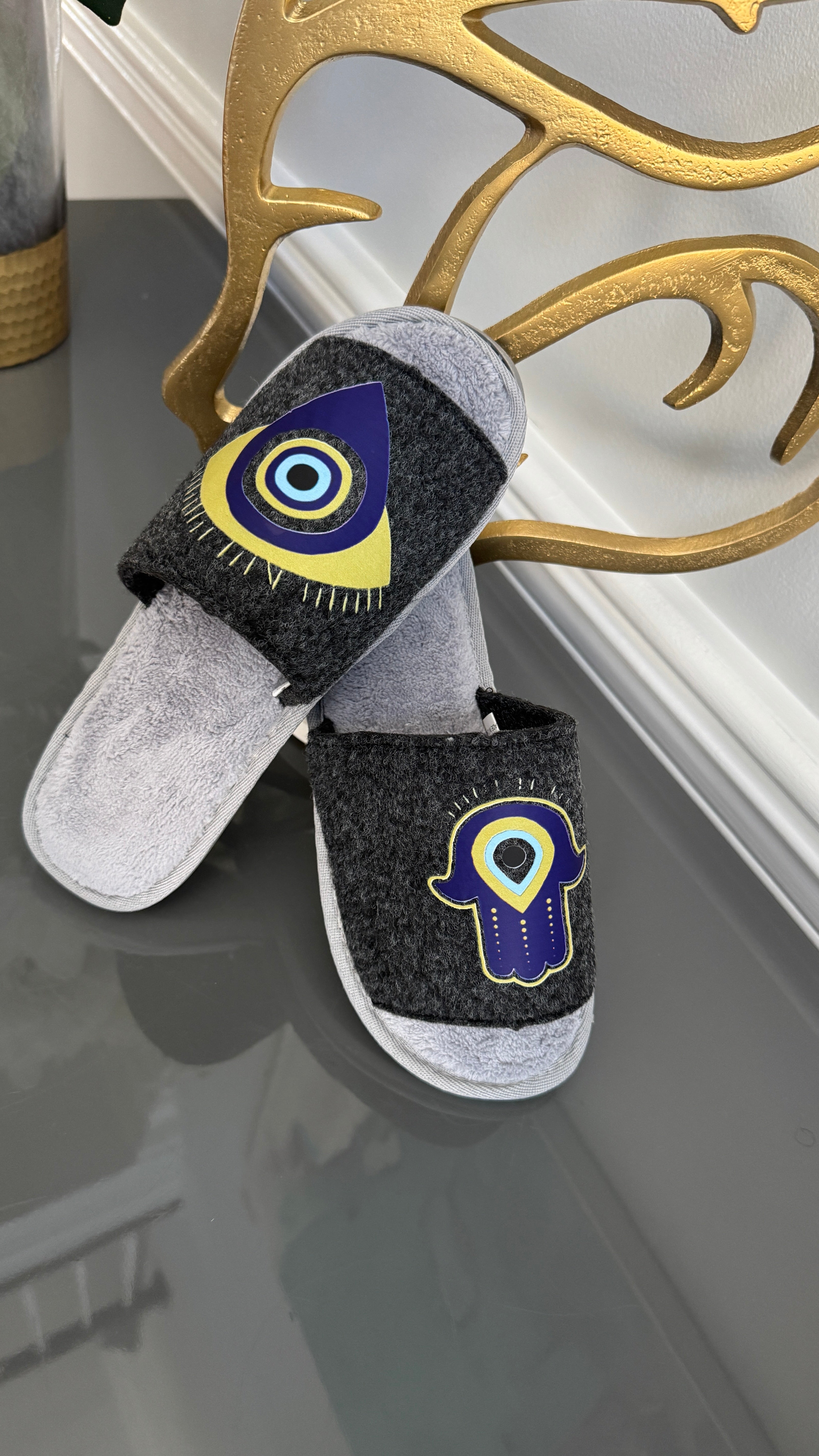 Gray Slip on Slippers. Designed with evil eye and Fatima Hand