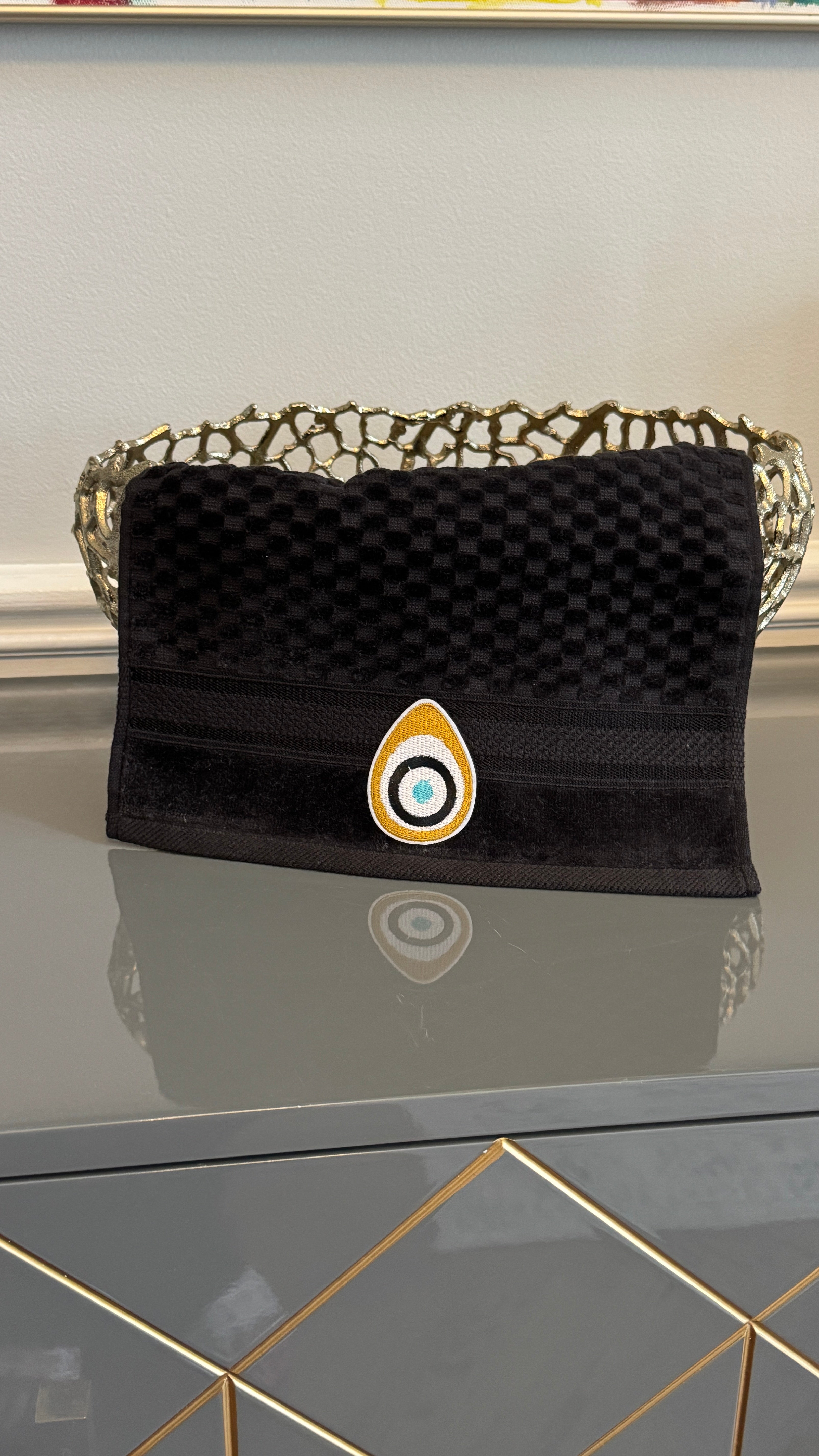 Black Hand towel designed with embroidery tear drop evil eye