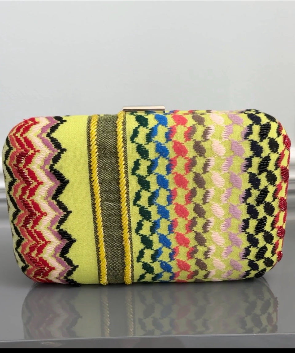 Yellow multi colors rectangle beaded keffiyeh Clutch, handbag